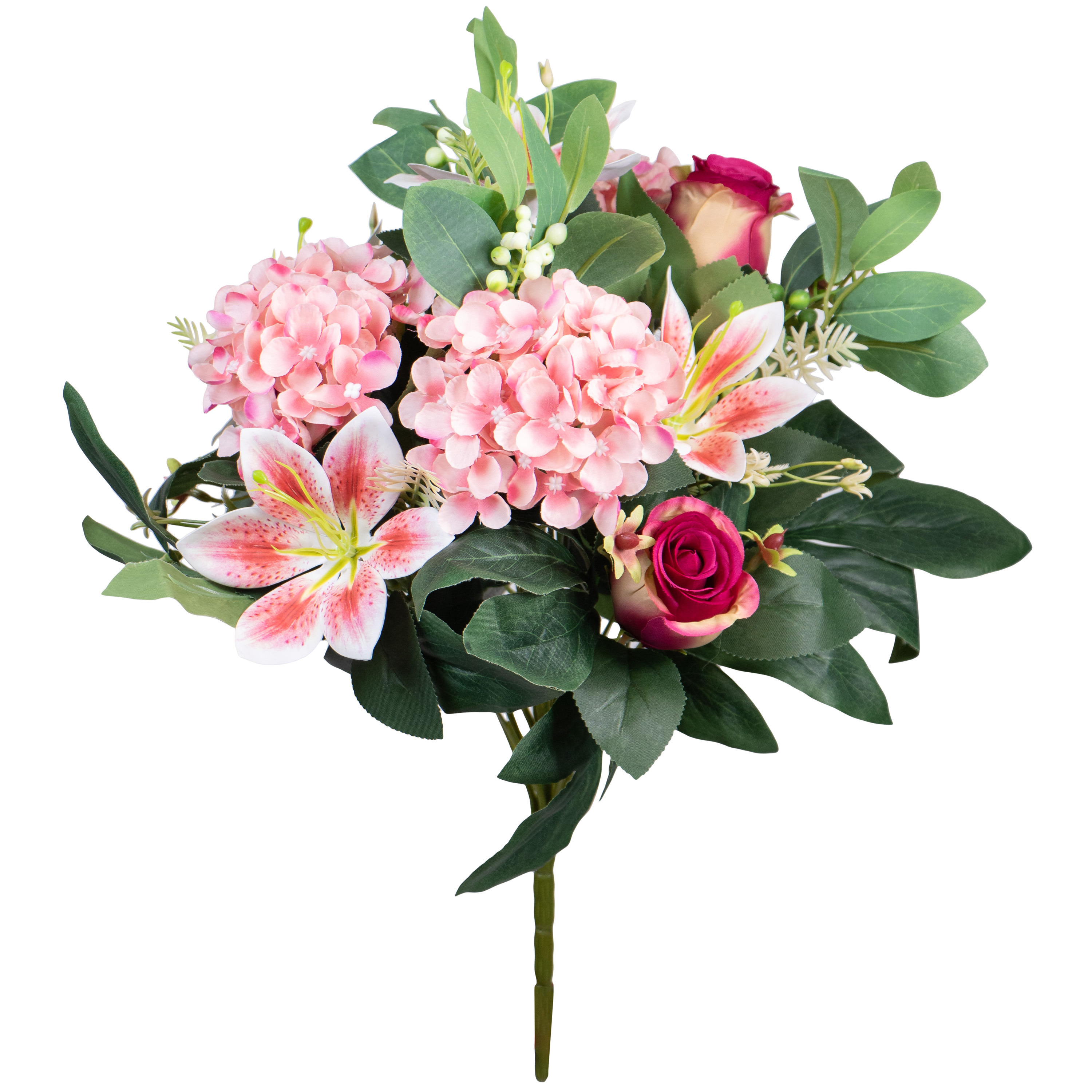 Kunstbloemen boeket roos-hortensia-lelie roze-cerise H39 cm Bloemstuk Bladgroen