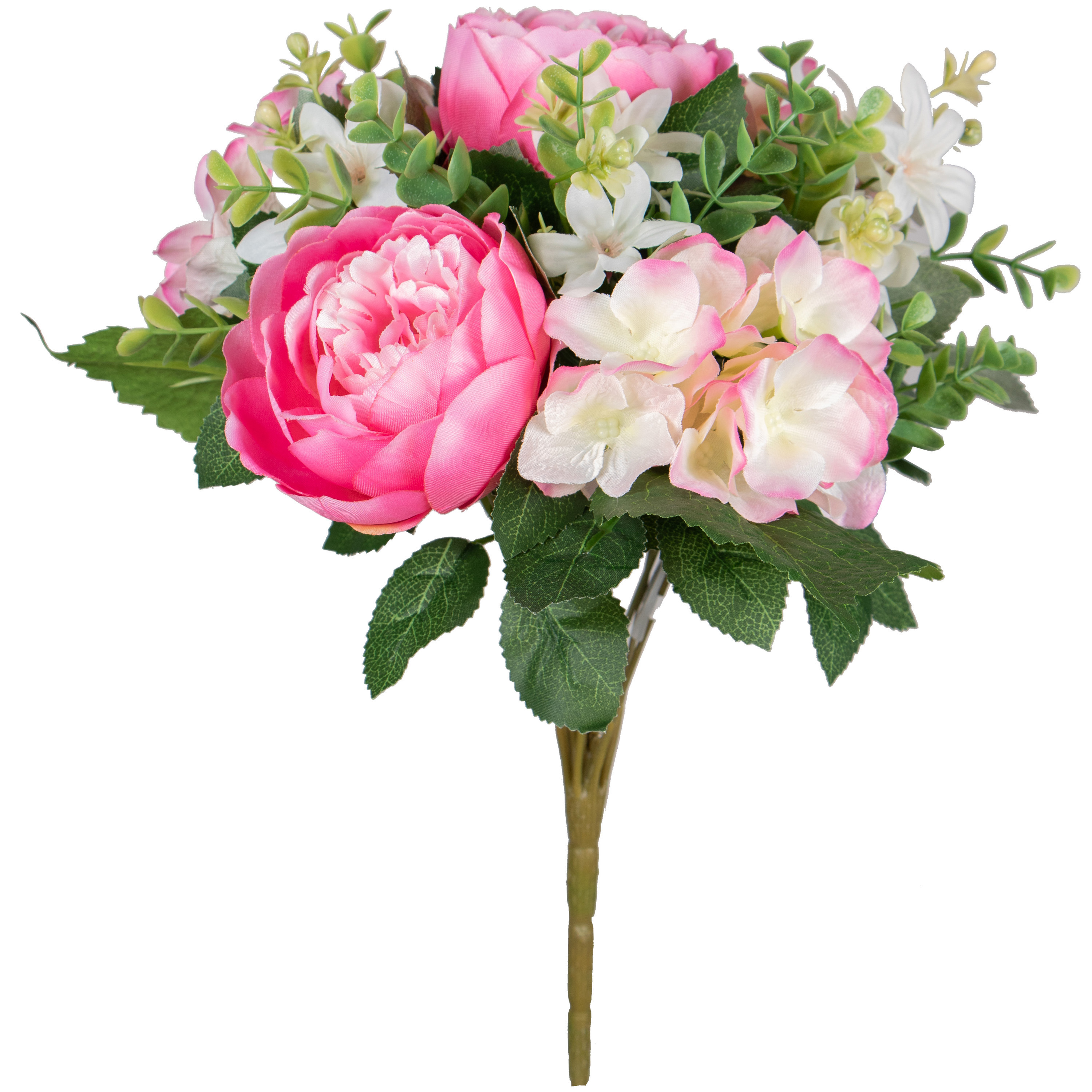 Kunstbloemen boeket roos-hortensia roze-cerise H39 cm Bloemstuk Bladgroen