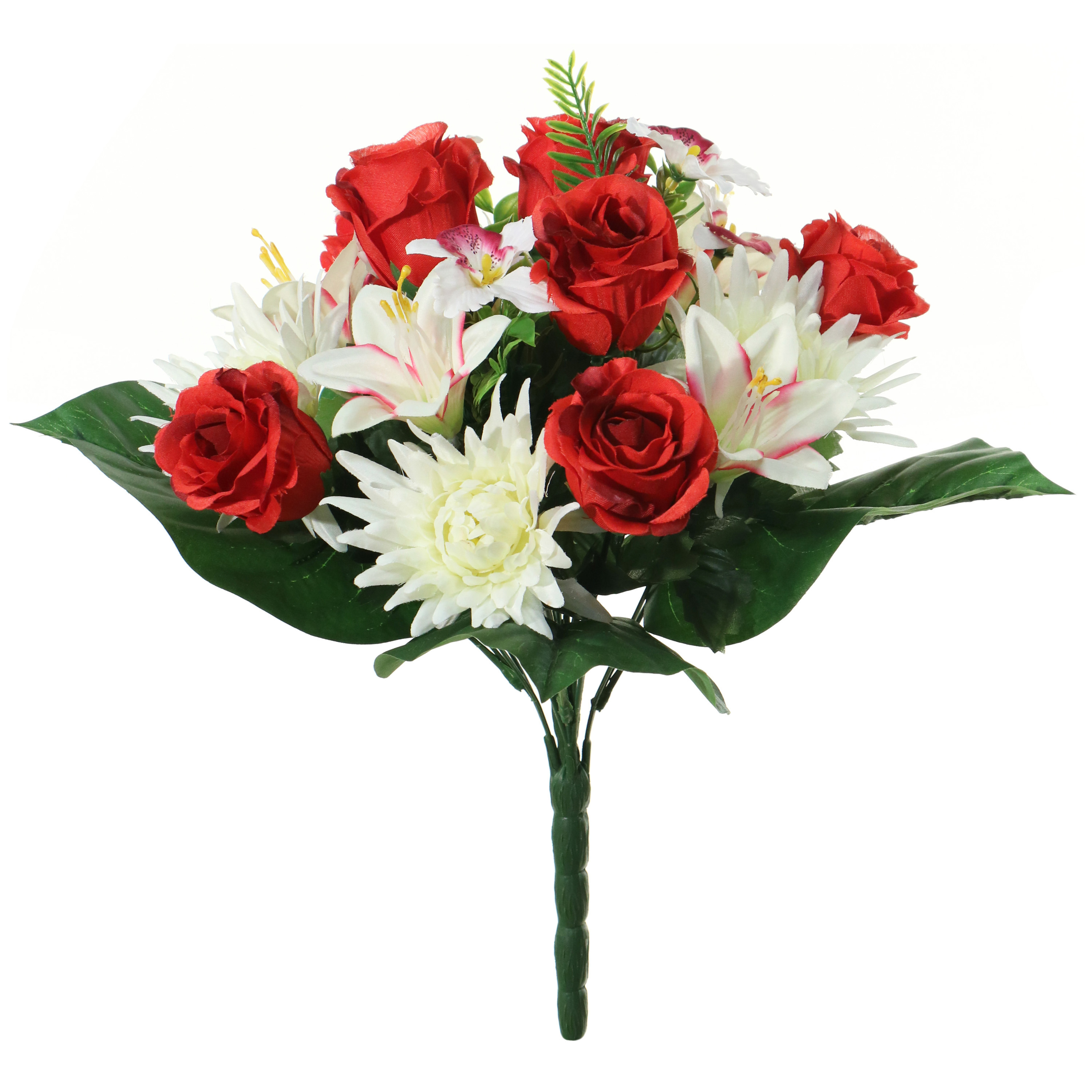 Kunstbloemen boeket roos-orchidee-chrysant rood-wit H36 cm Bloemstuk Bladgroen