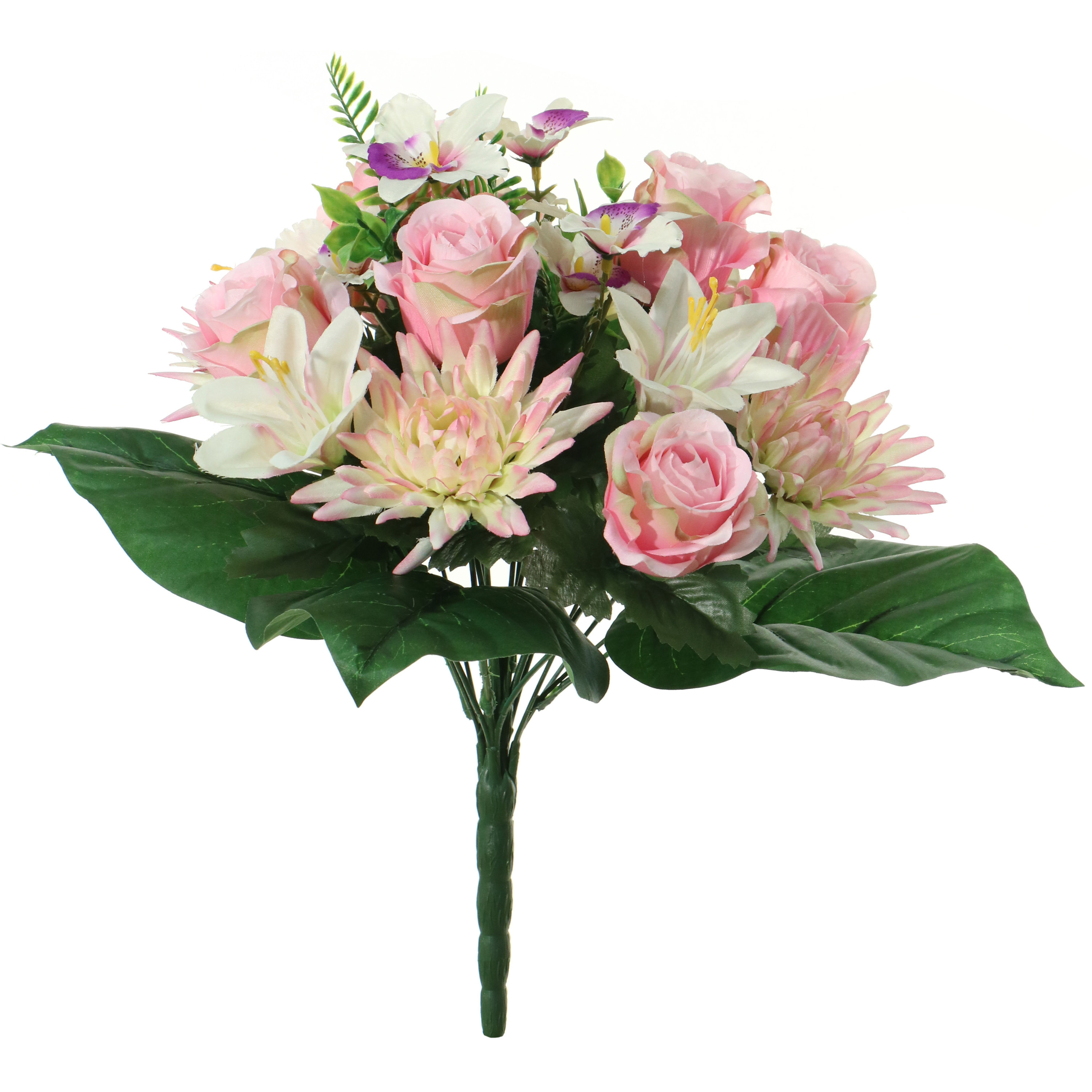 Kunstbloemen boeket roos-orchidee-chrysant roze H36 cm Bloemstuk Bladgroen