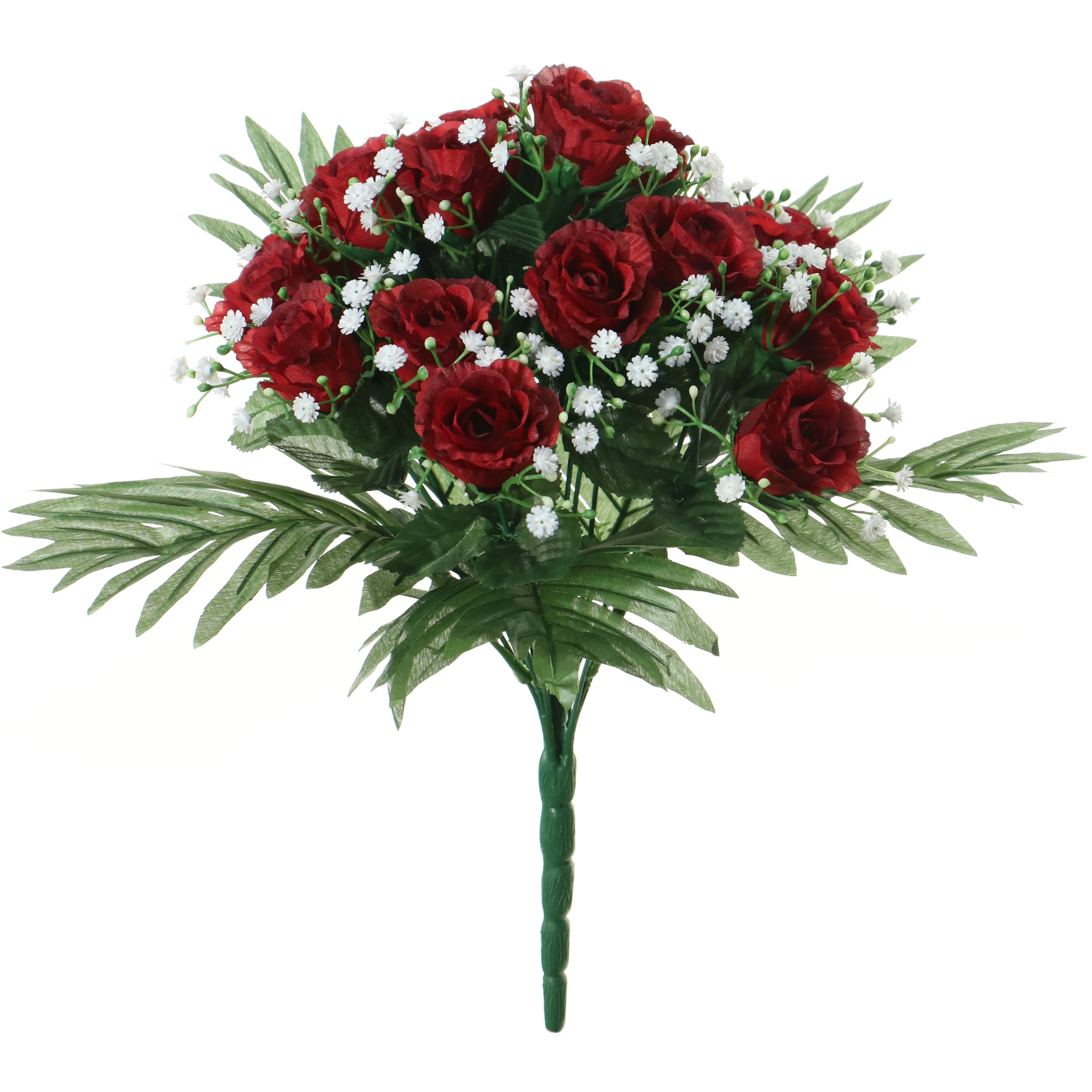 Kunstbloemen boeket rozen-gipskruid rood H36 cm Bloemstuk Bladgroen