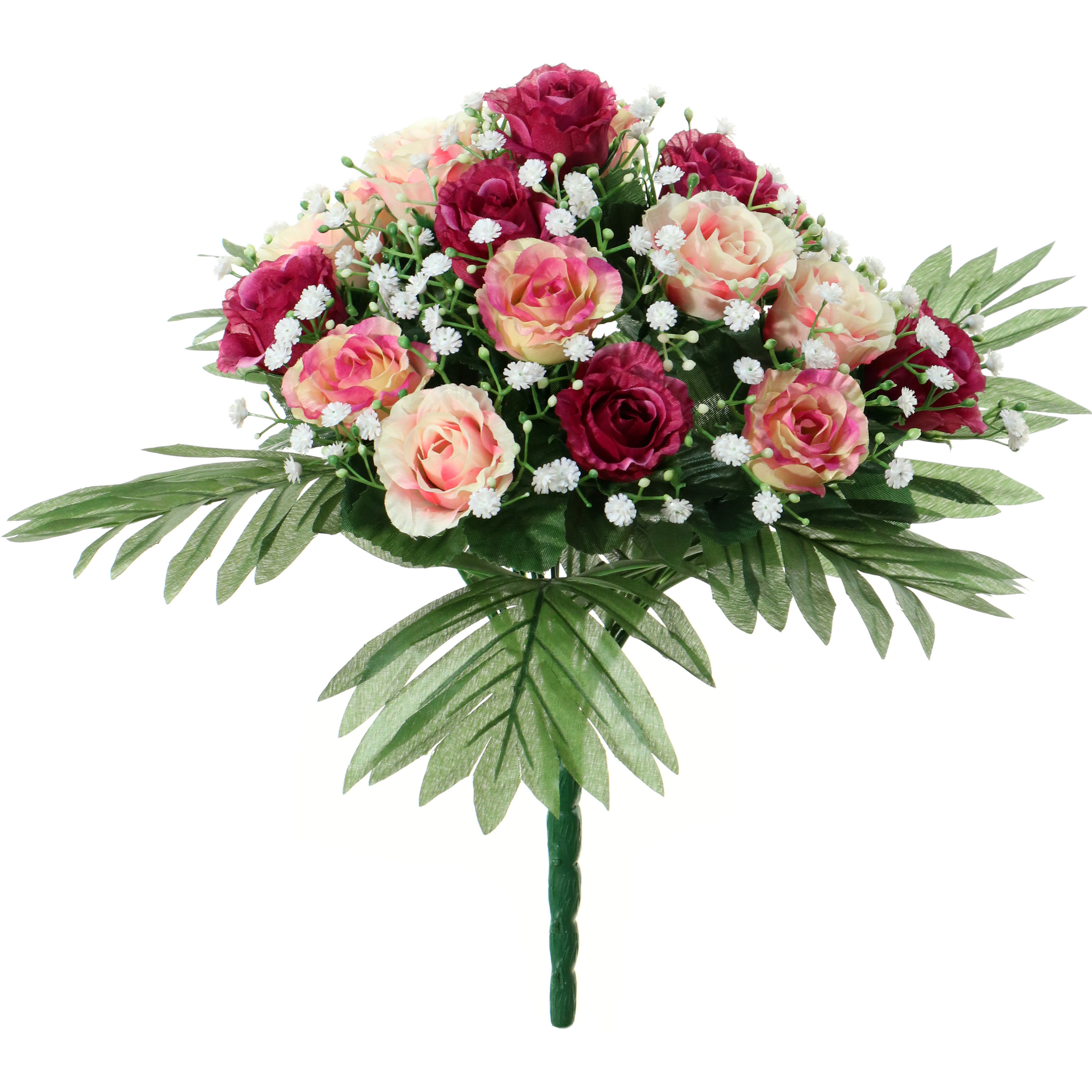 Kunstbloemen boeket rozen-gipskruid roze-donkerrood H36 cm Bloemstuk Bladgroen