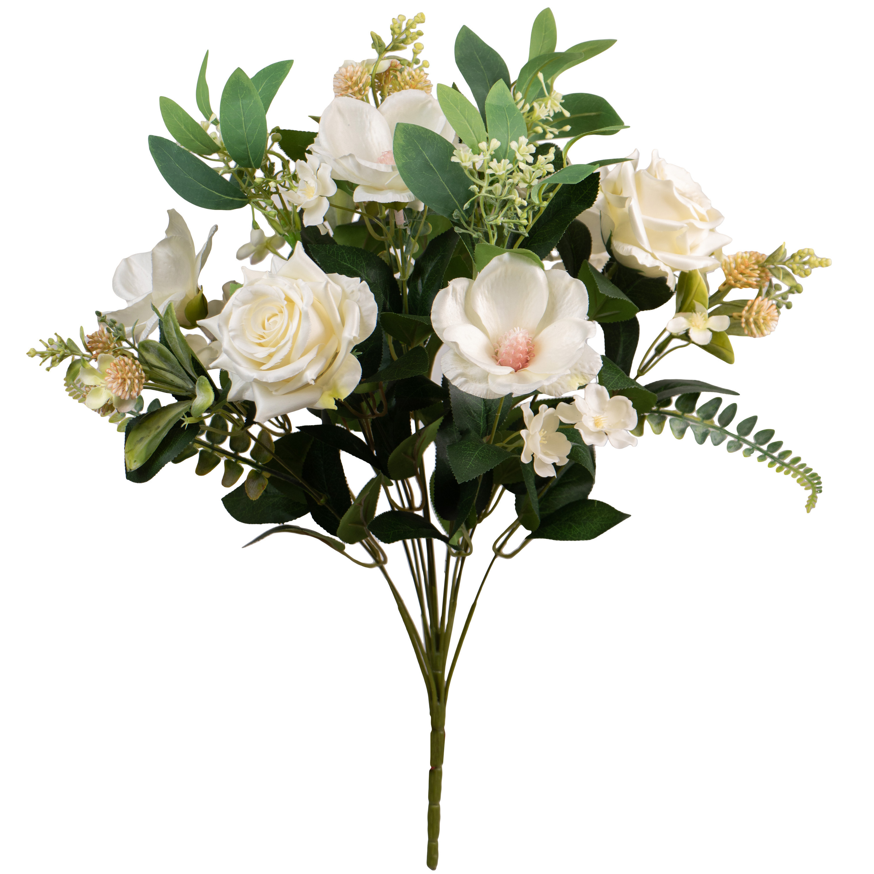 Kunstbloemen boeket rozen-magnolia met bladgroen wit H50 cm Bloemstuk