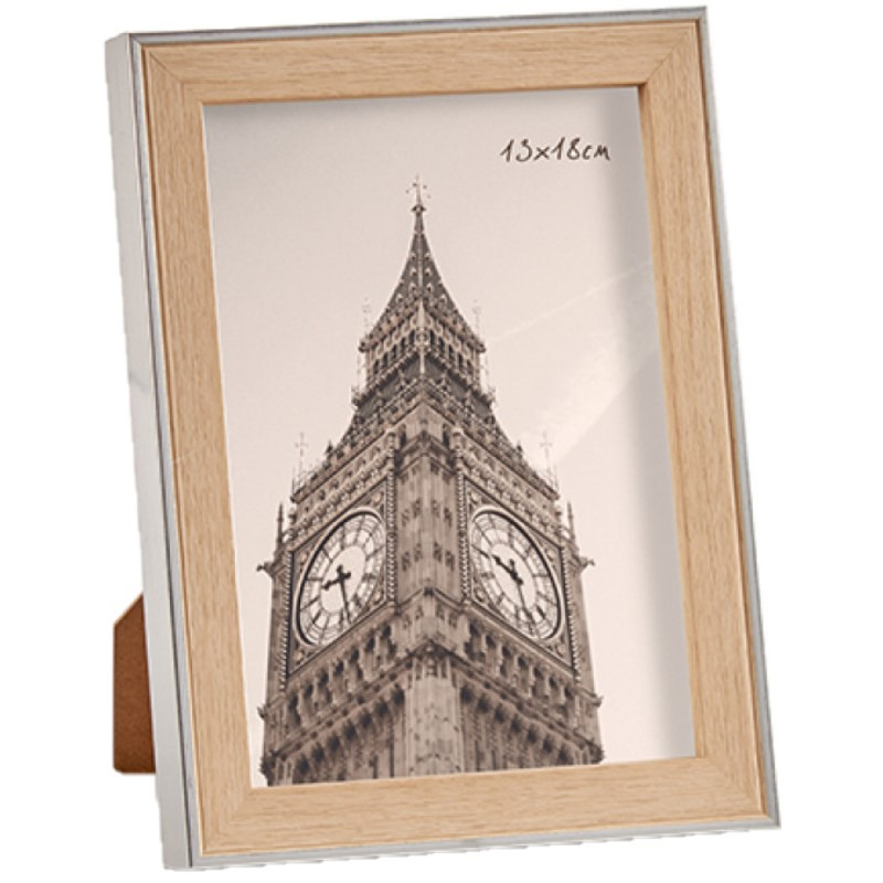 Kunststof fotolijst zilver met hout geschikt voor een foto van 13 x 18 cm