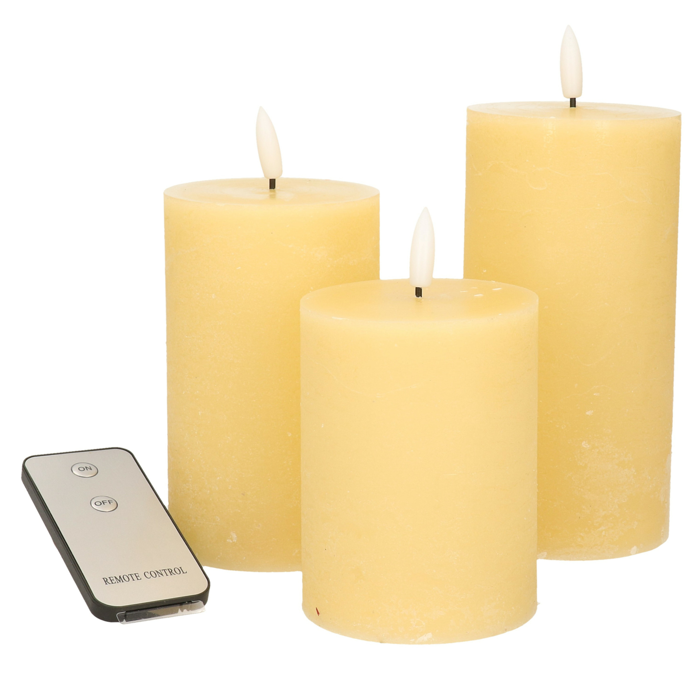 LED Stompkaarsen met afstandsbediening 3x vanille geel 10-12.5-15 cm