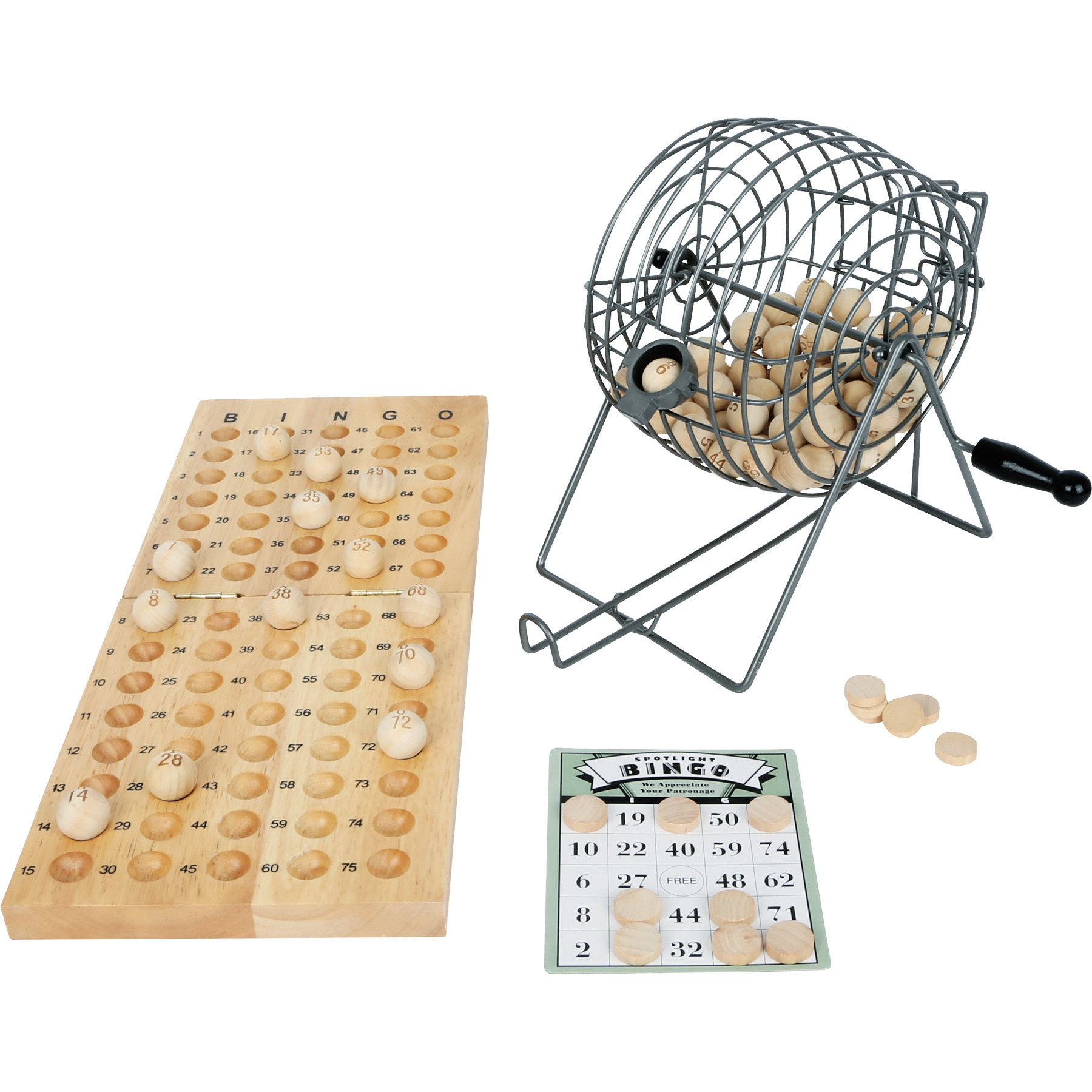 Luxe bingo spel metaal-hout complete set nummers 1-75 met molen en bingokaarten