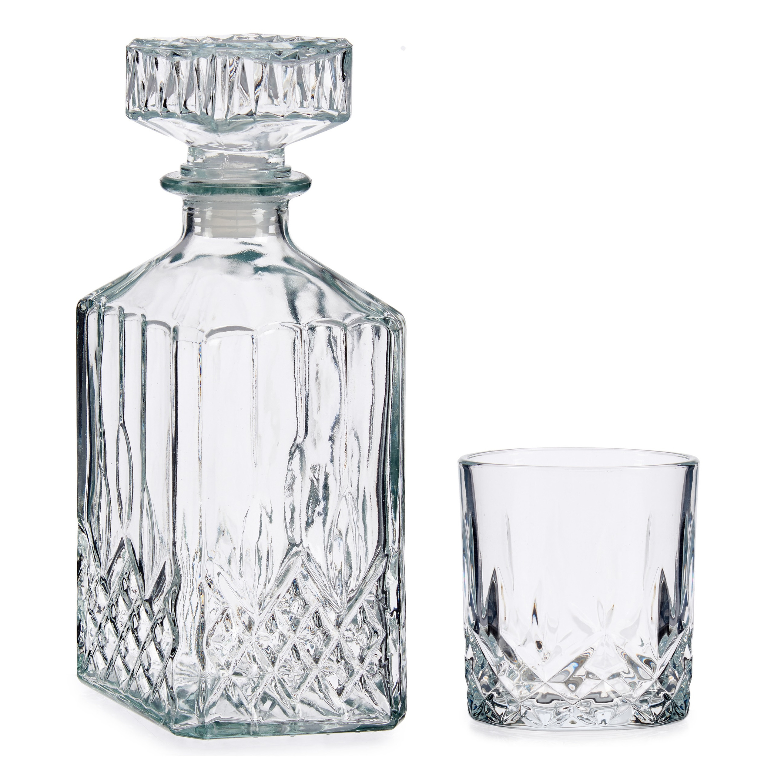Luxe Karaf van gedecoreerd glas met 4x stuks water-whisky glazen set