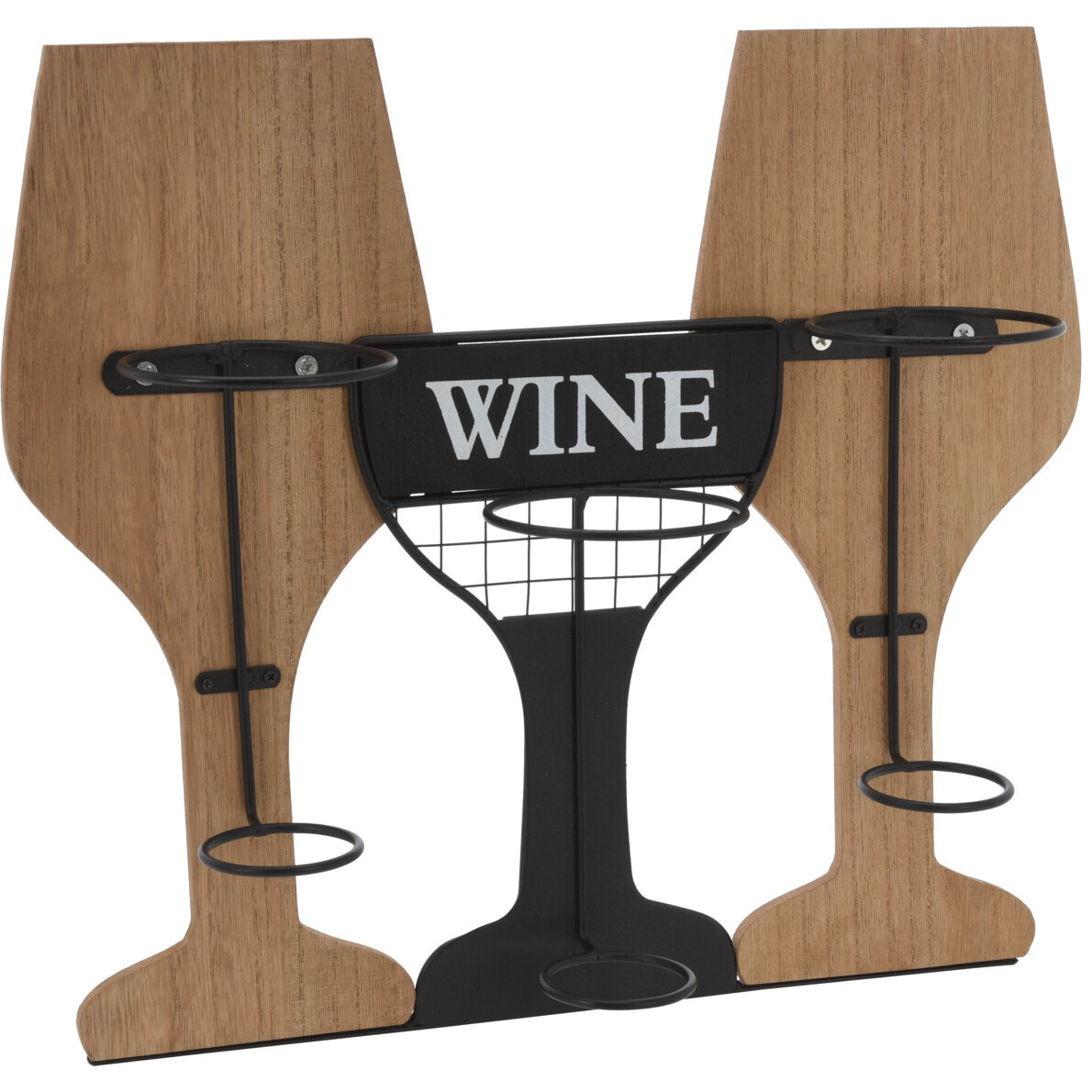 Metalen-houten wijnflessen rek-wijnrek in de vorm van 2 wijnglazen voor 3 flessen 35 x 15 x 31 cm