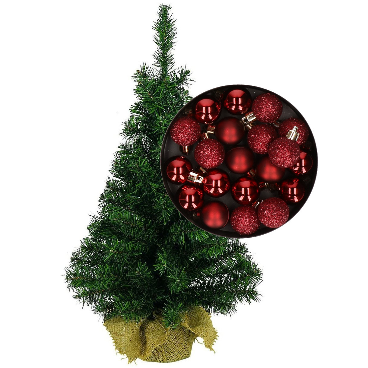 Mini kerstboom-kunst kerstboom H35 cm inclusief kerstballen donkerrood