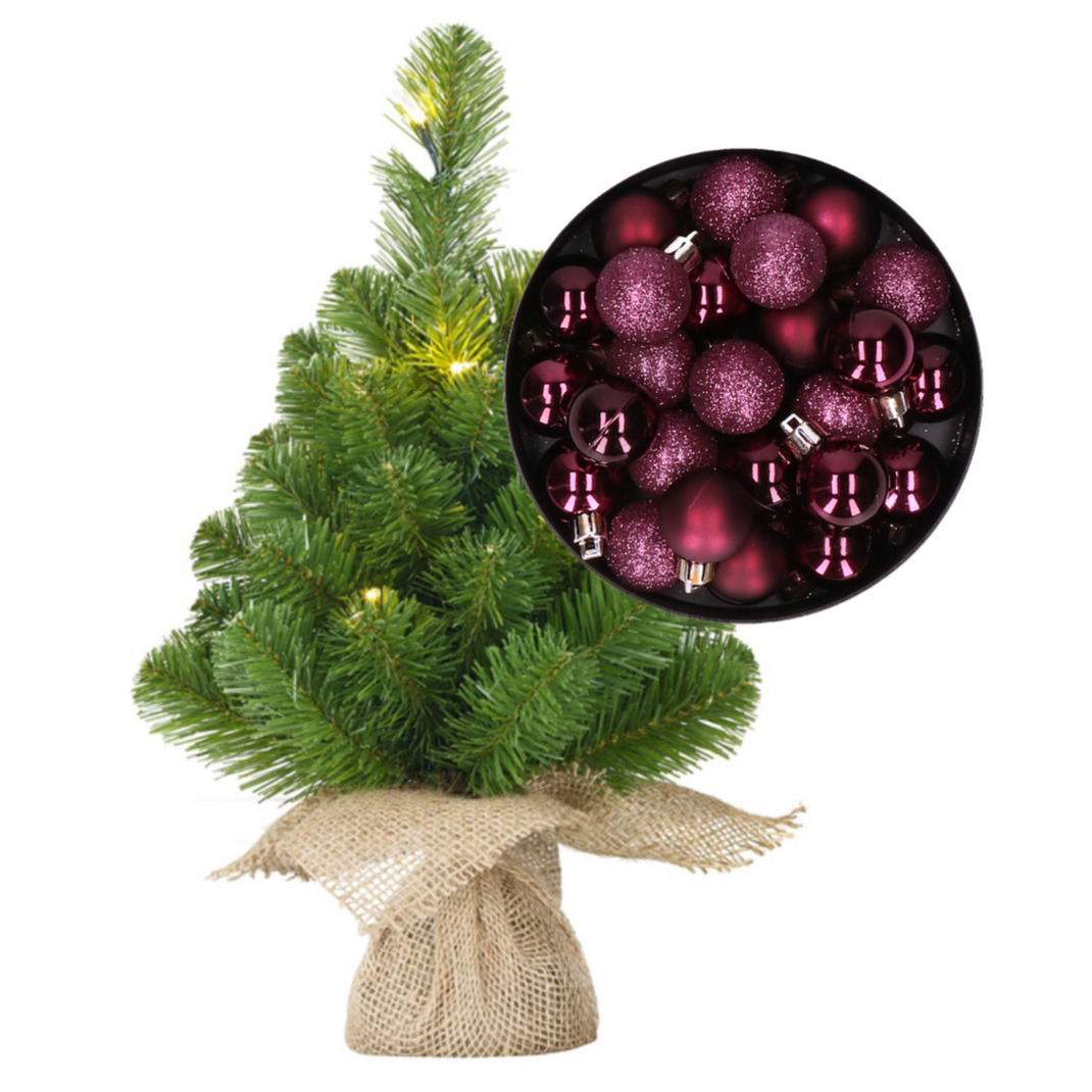 Mini kerstboom-kunstboom met verlichting 45 cm en inclusief kerstballen aubergine paars
