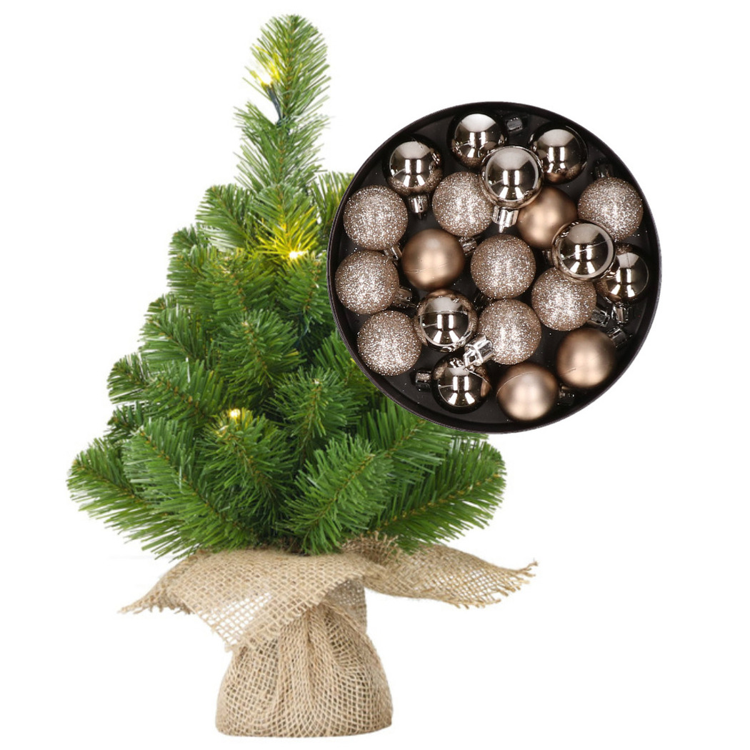 Mini kerstboom-kunstboom met verlichting 45 cm en inclusief kerstballen champagne