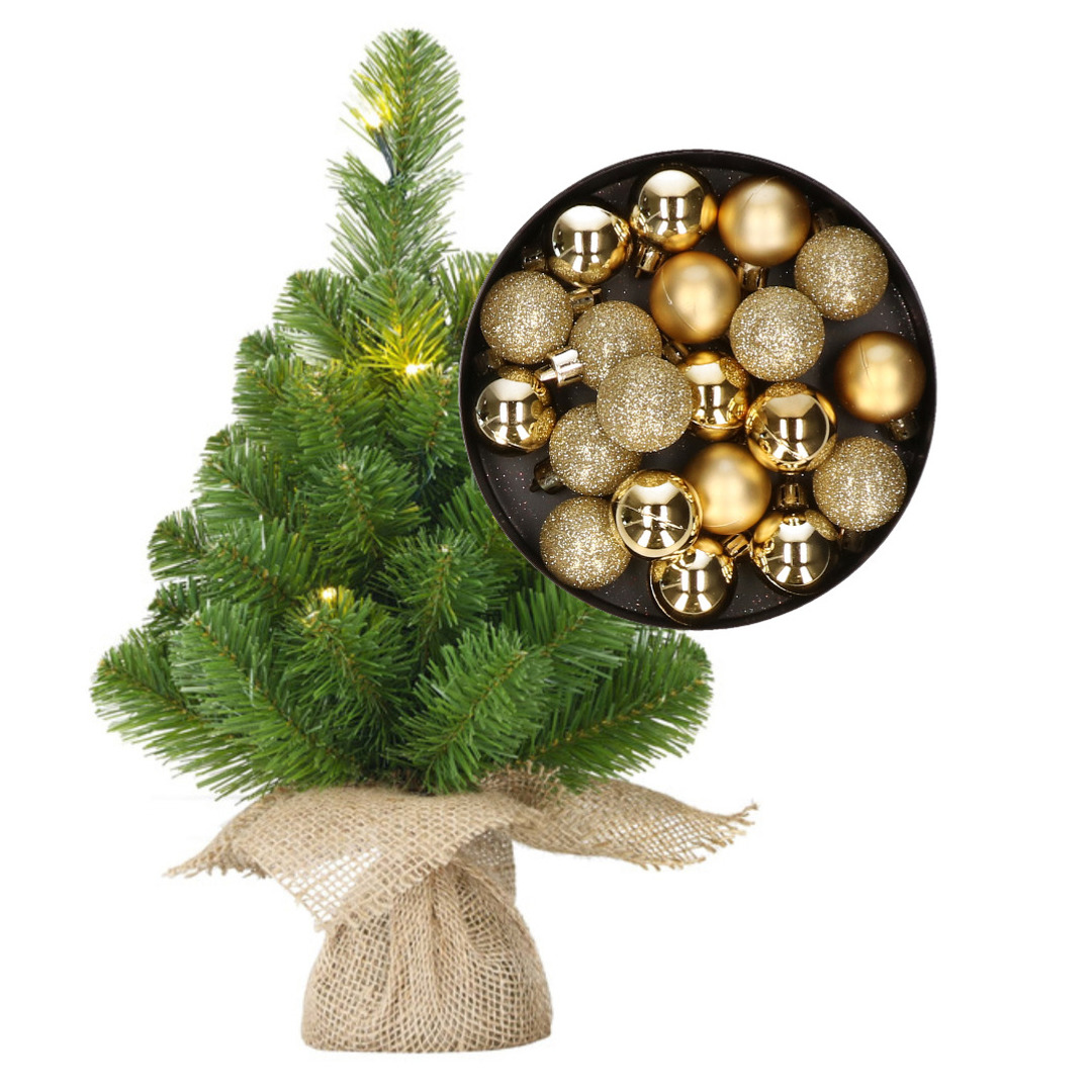 Mini kerstboom-kunstboom met verlichting 45 cm en inclusief kerstballen goud