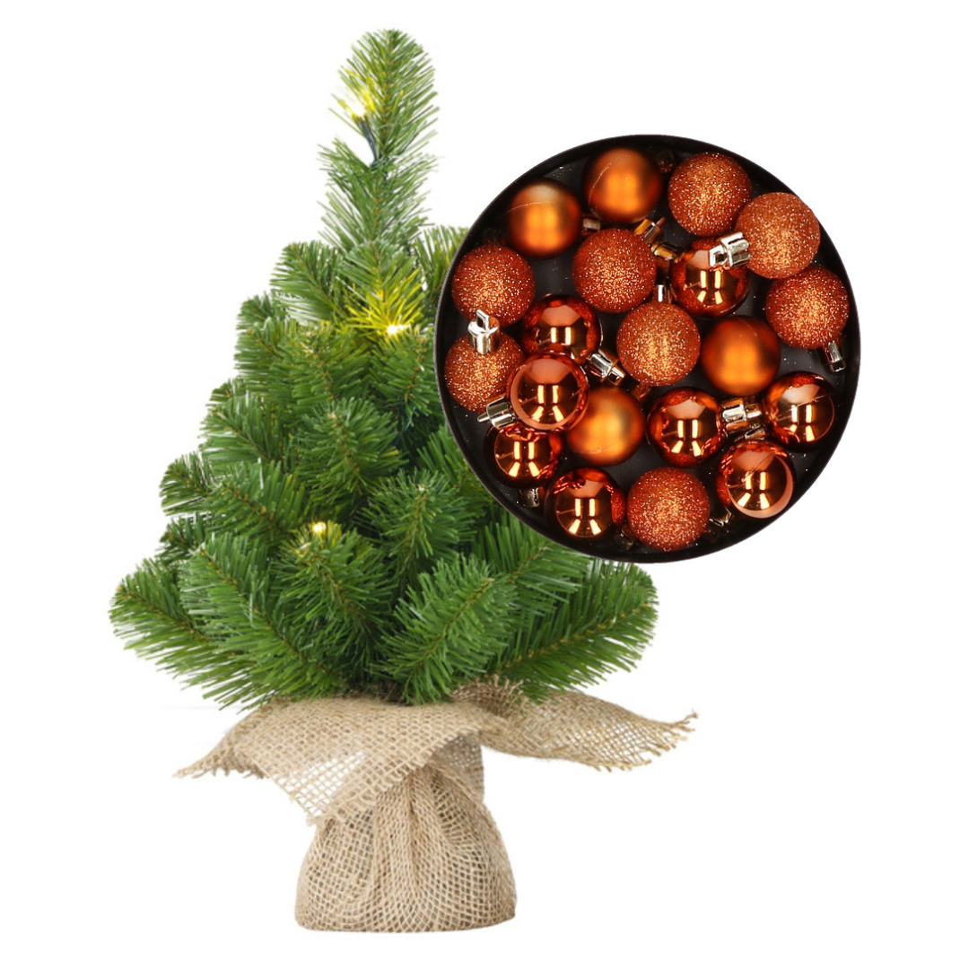 Mini kerstboom-kunstboom met verlichting 45 cm en inclusief kerstballen oranje