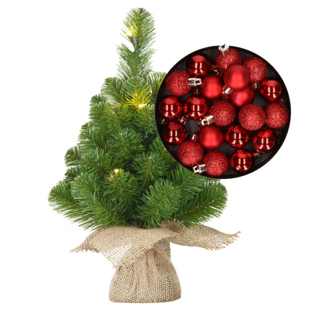 Mini kerstboom-kunstboom met verlichting 45 cm en inclusief kerstballen rood