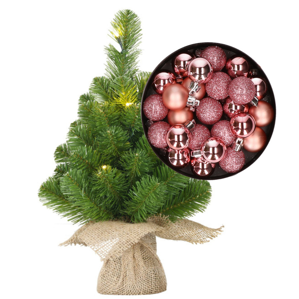 Mini kerstboom-kunstboom met verlichting 45 cm en inclusief kerstballen roze