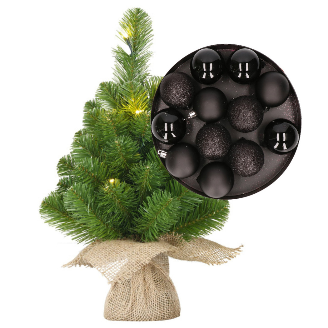 Mini kerstboom-kunstboom met verlichting 45 cm en inclusief kerstballen zwart