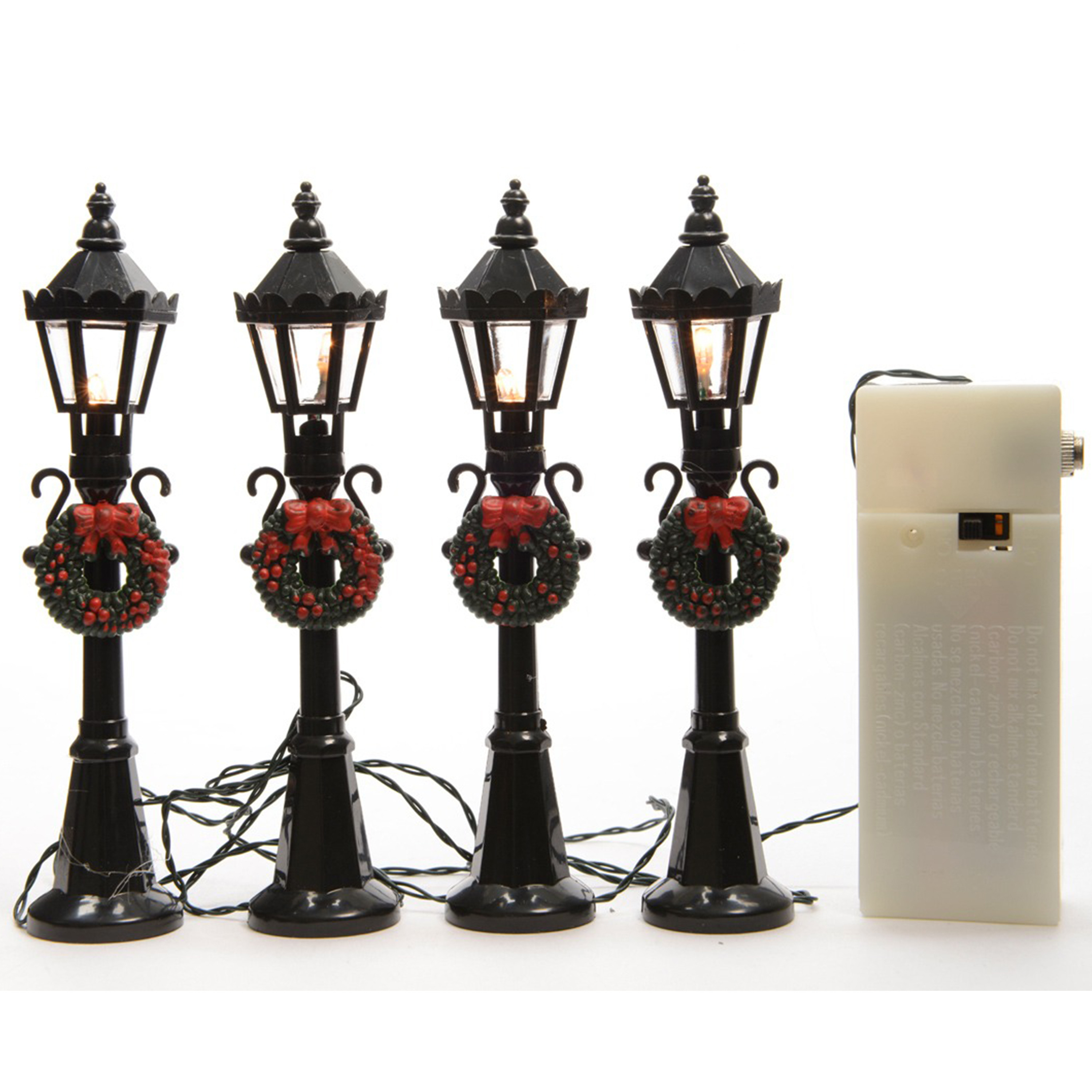 Miniatuur lantaarnpalen 4x st 12 cm met licht Kerstdorp onderdelen-materialen