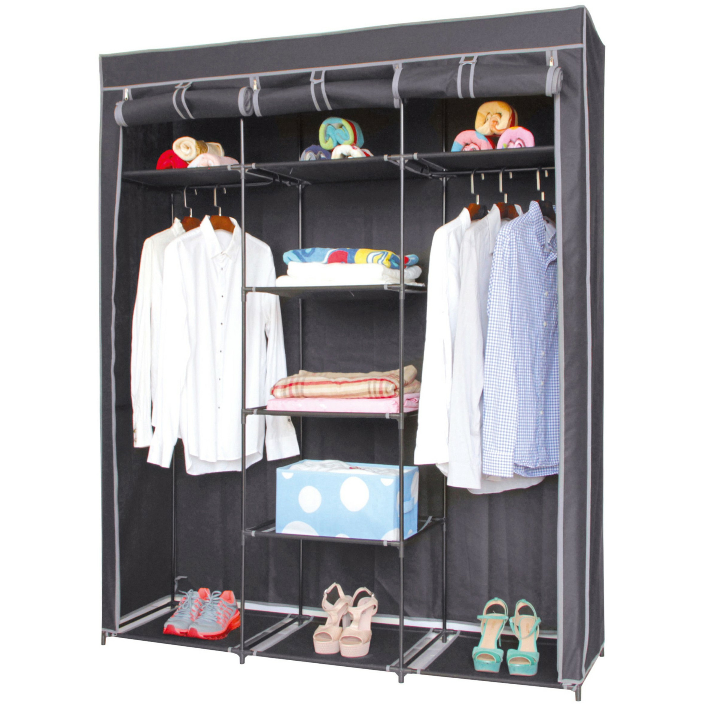 Mobiele kledingkast met legplanken-hang stang opvouwbaar grijs 150 x 45 x 172 cm