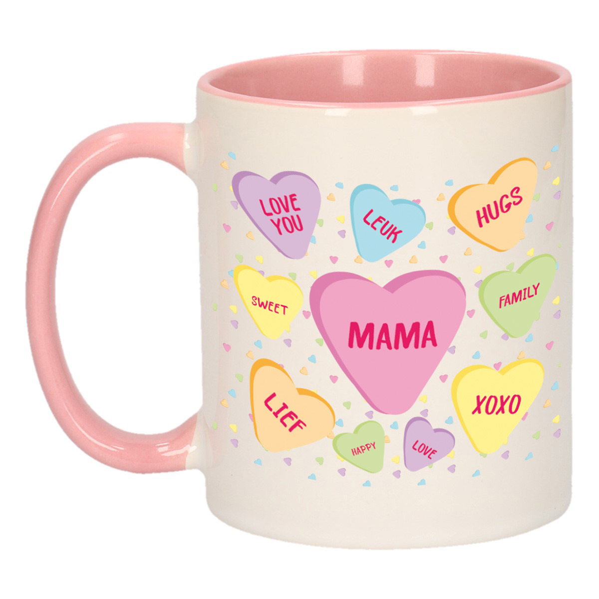 Moederdag cadeau koffiemok hartjes snoepjes roze mok met tekst verjaardag mama-moeder