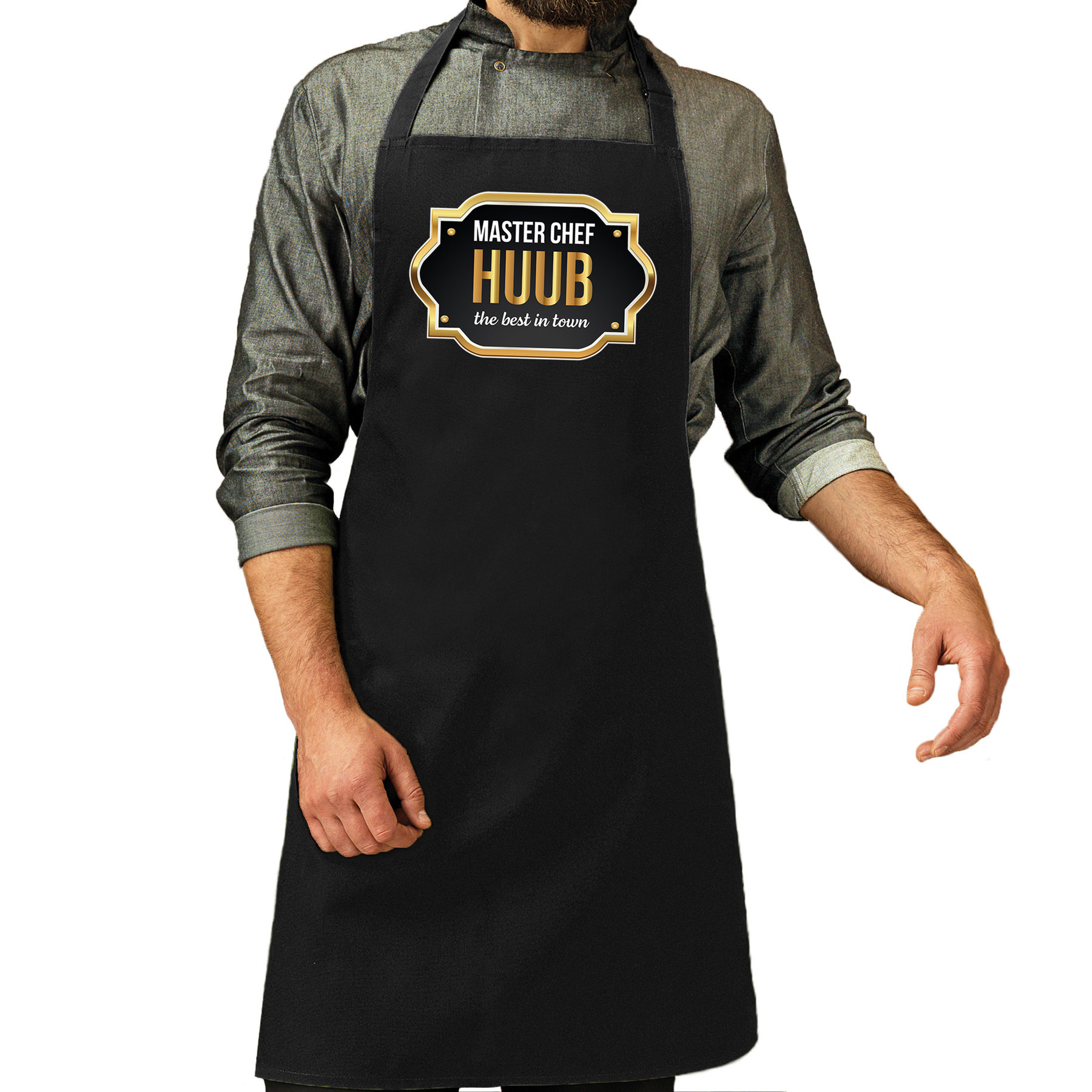 Naam cadeau master chef schort Huub zwart keukenschort cadeau