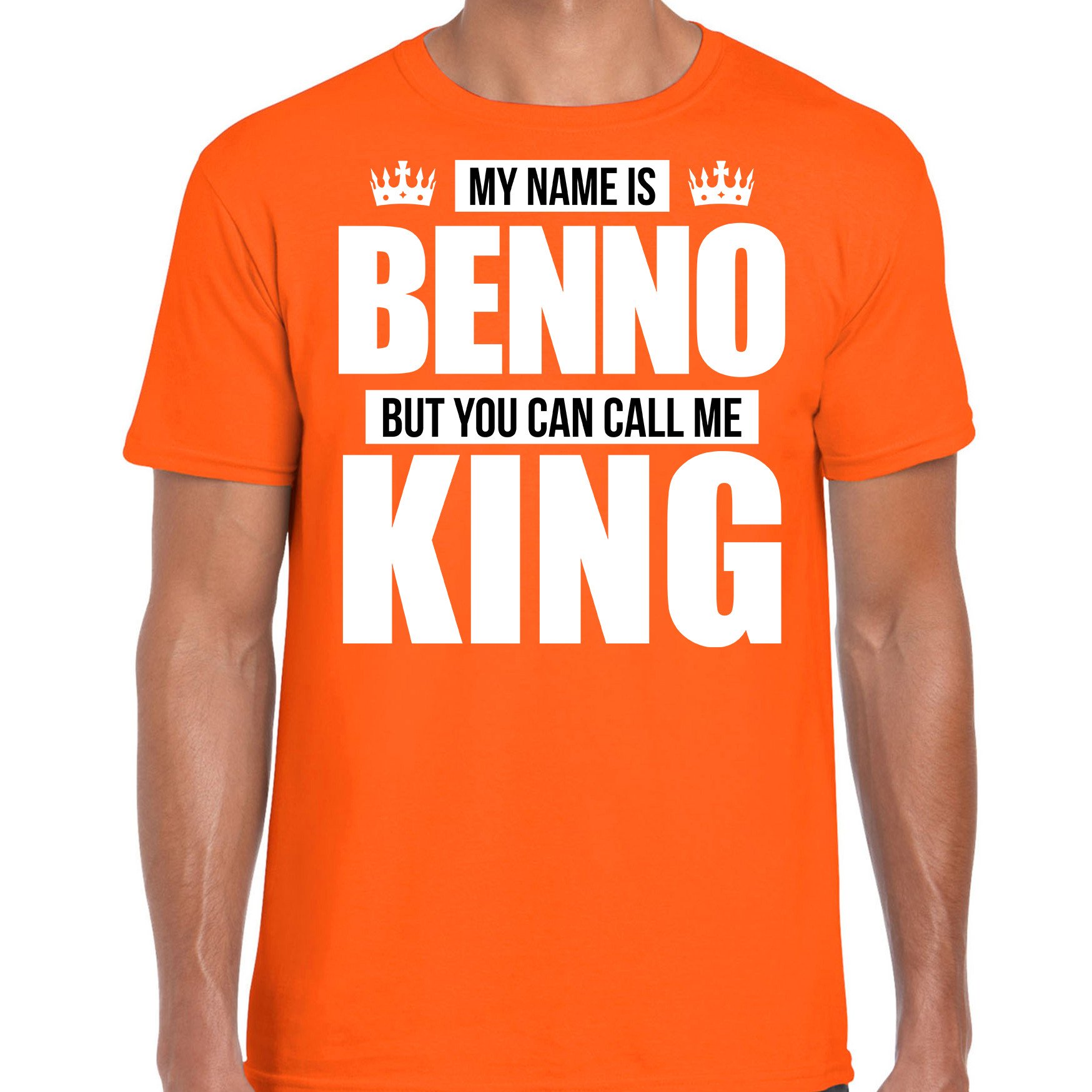 Naam cadeau t-shirt my name is Benno but you can call me King oranje voor heren