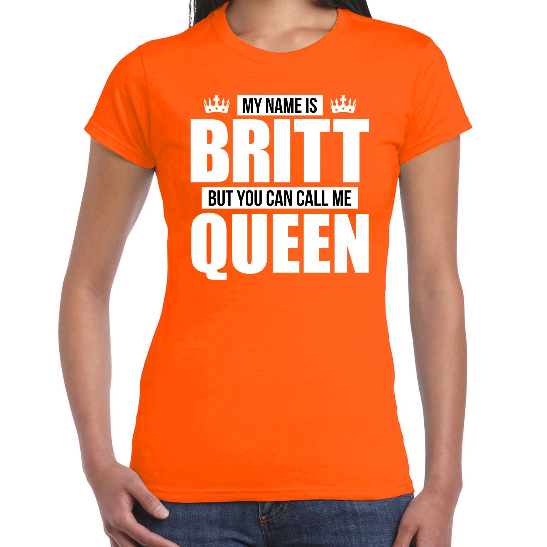 Naam cadeau t-shirt my name is Britt but you can call me Queen oranje voor dames