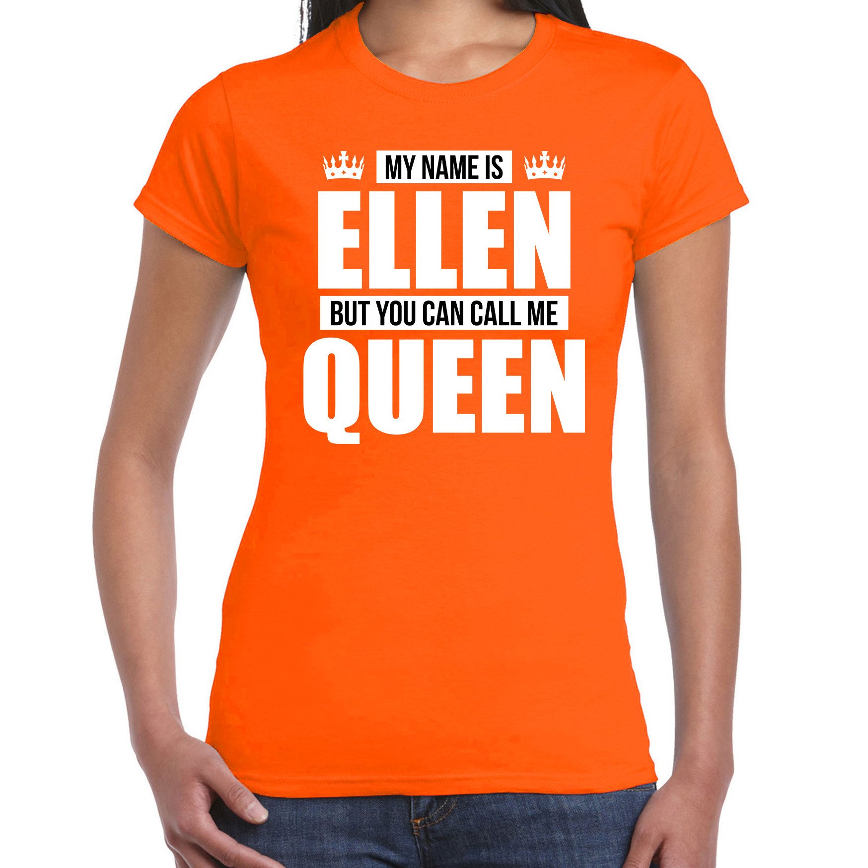 Naam cadeau t-shirt my name is Ellen but you can call me Queen oranje voor dames