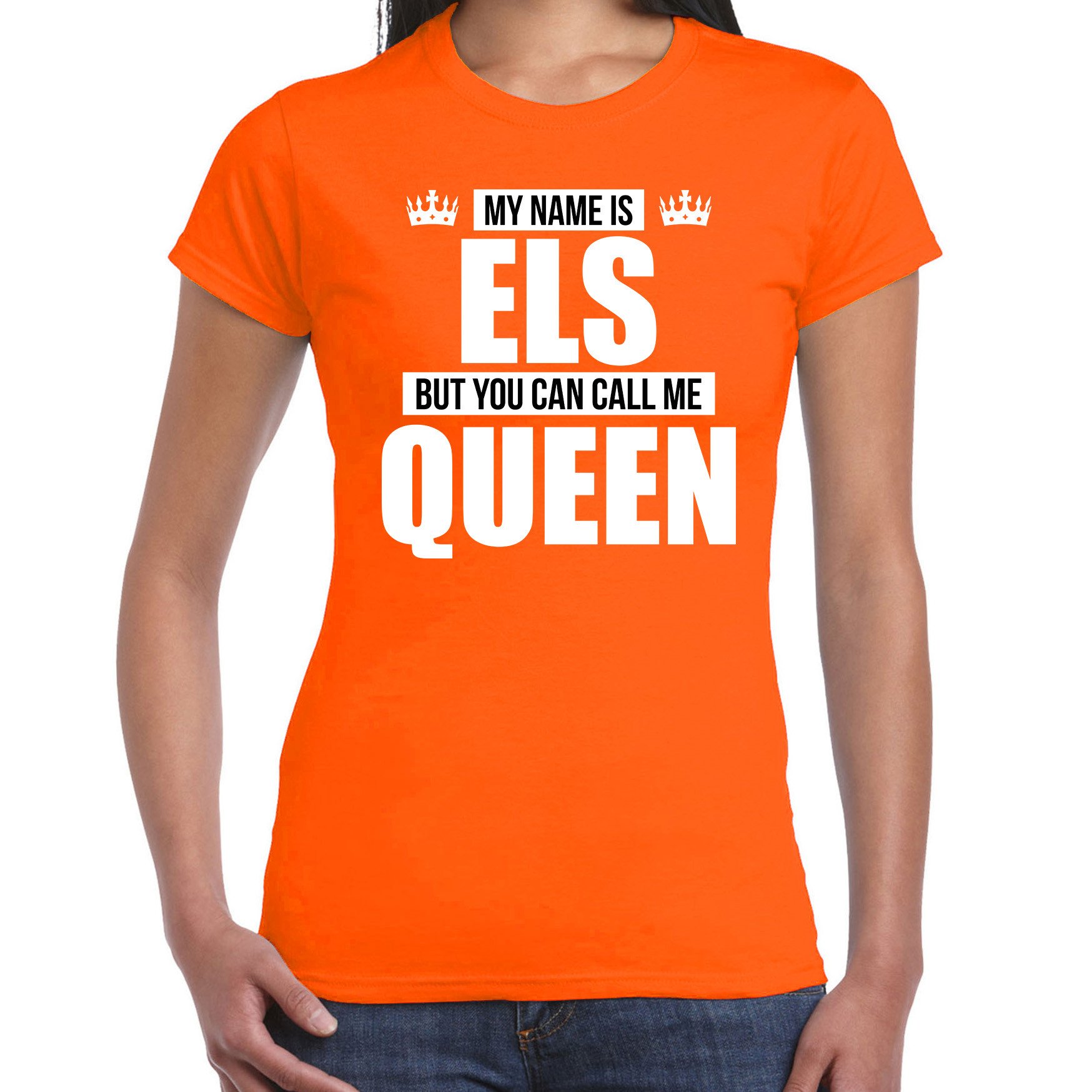 Naam cadeau t-shirt my name is Els but you can call me Queen oranje voor dames