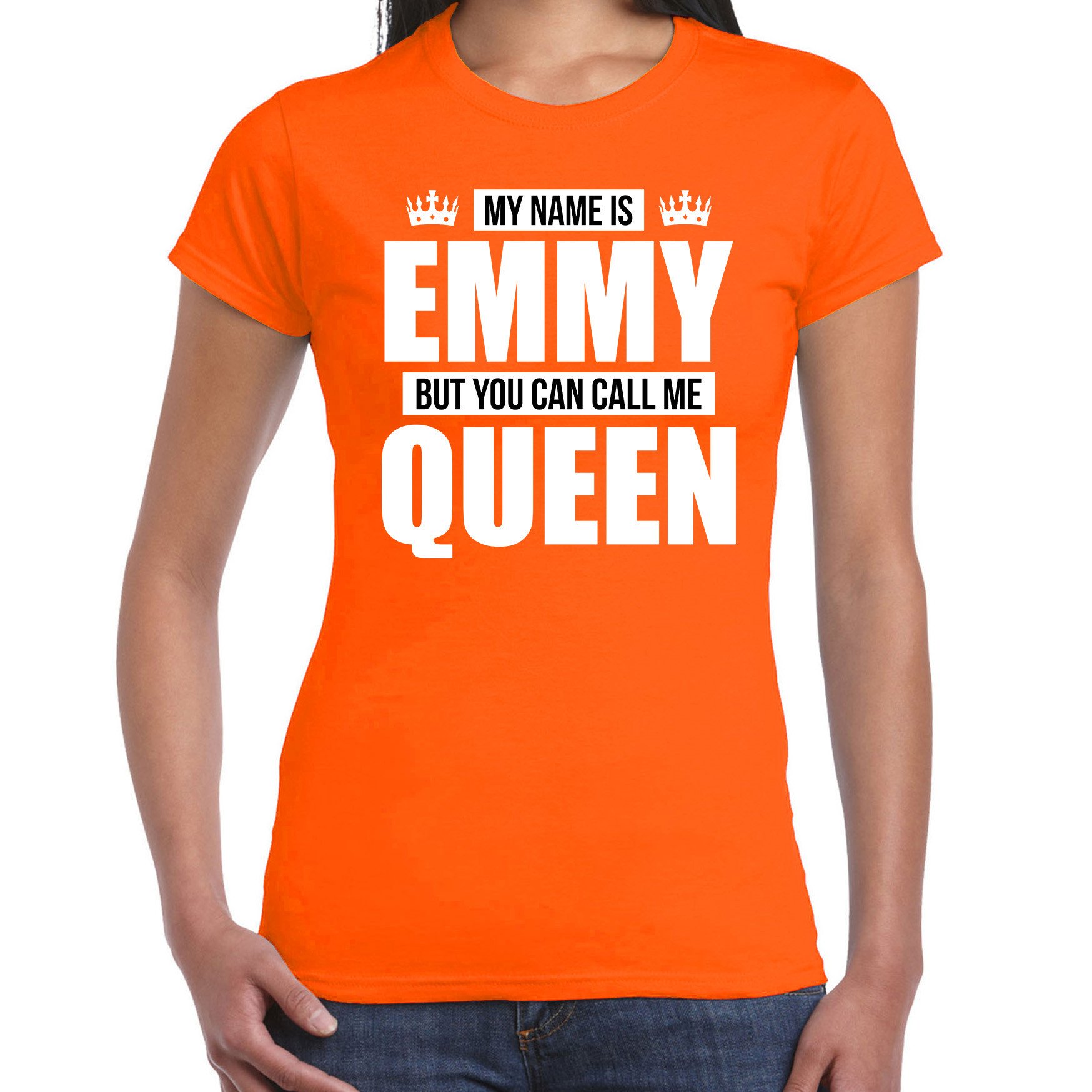Naam cadeau t-shirt my name is Emmy but you can call me Queen oranje voor dames