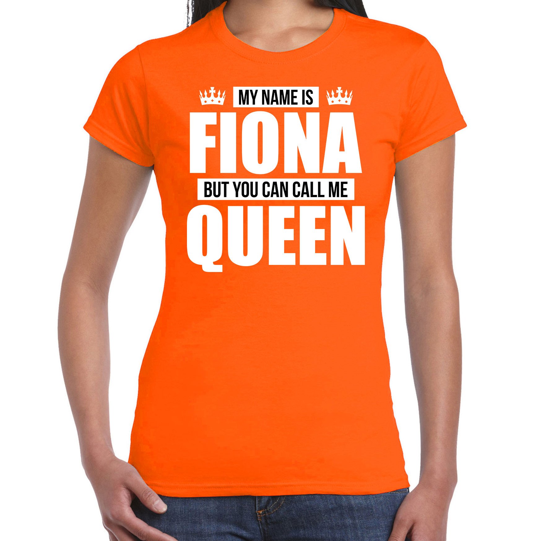 Naam cadeau t-shirt my name is Fiona but you can call me Queen oranje voor dames