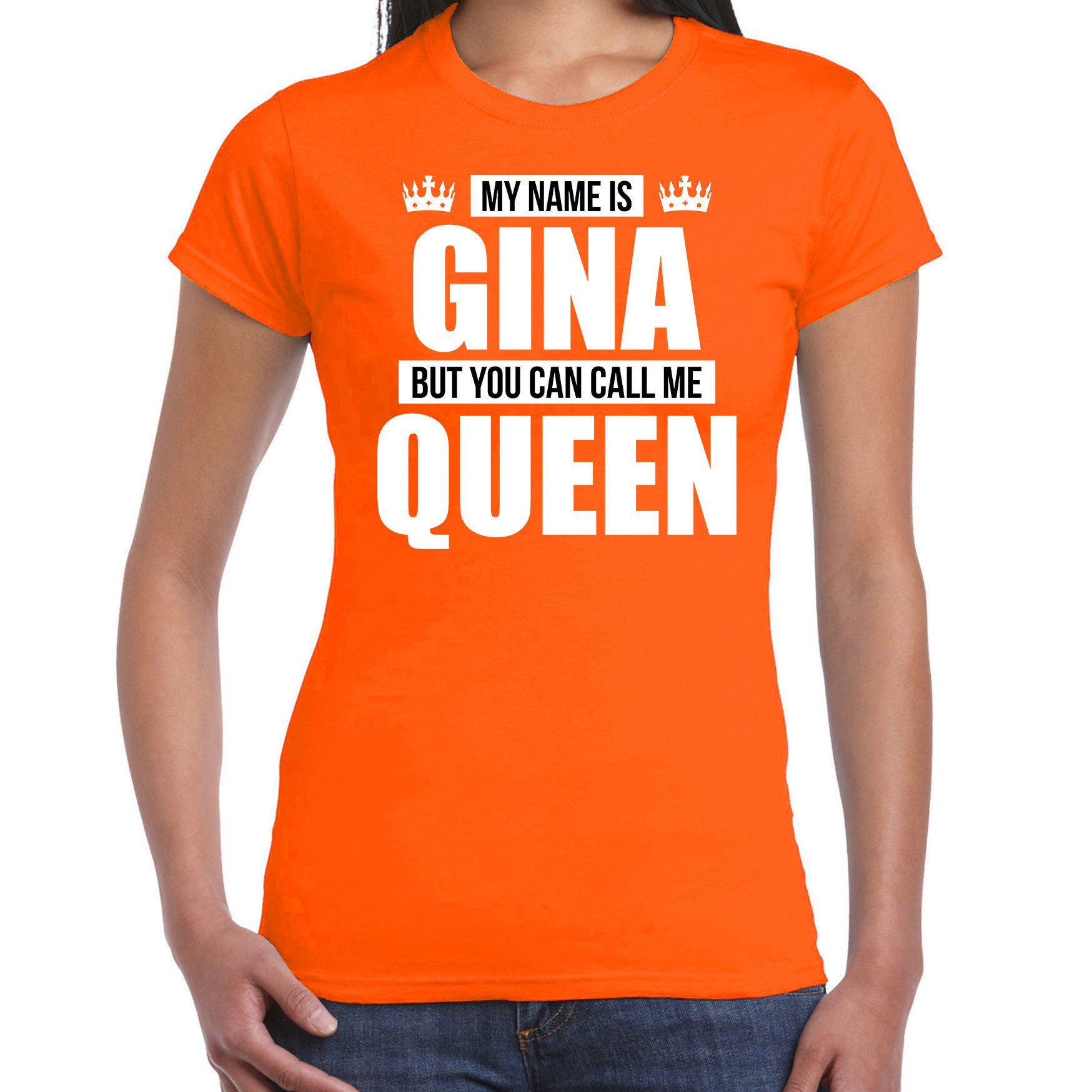 Naam cadeau t-shirt my name is Gina but you can call me Queen oranje voor dames