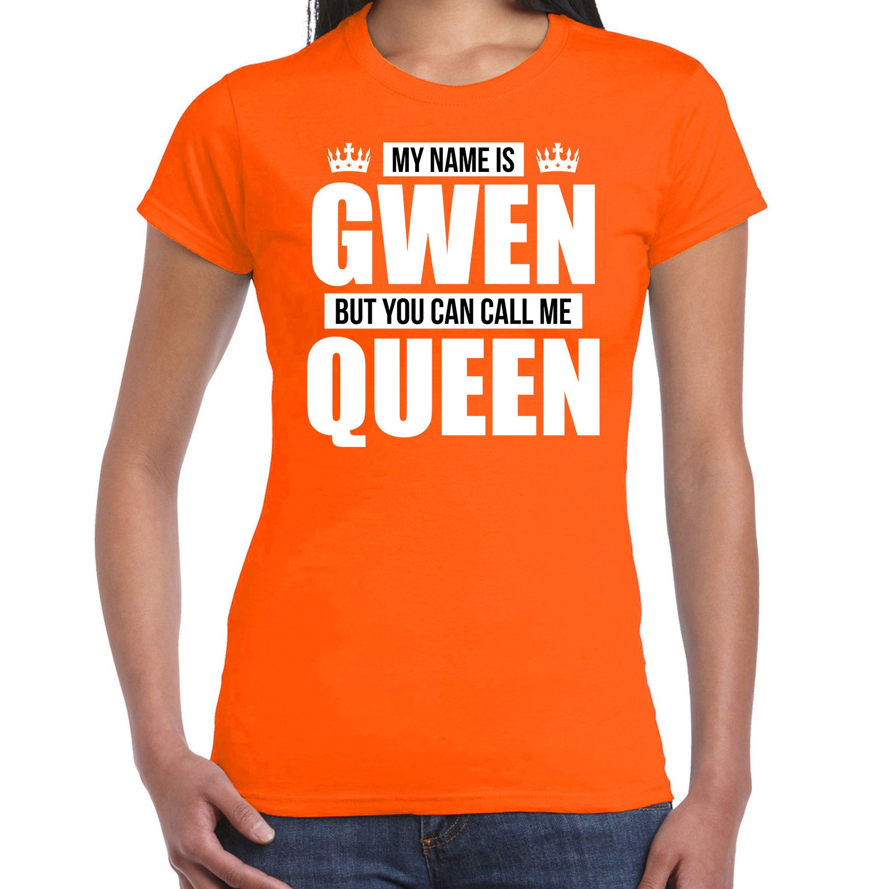 Naam cadeau t-shirt my name is Gwen but you can call me Queen oranje voor dames
