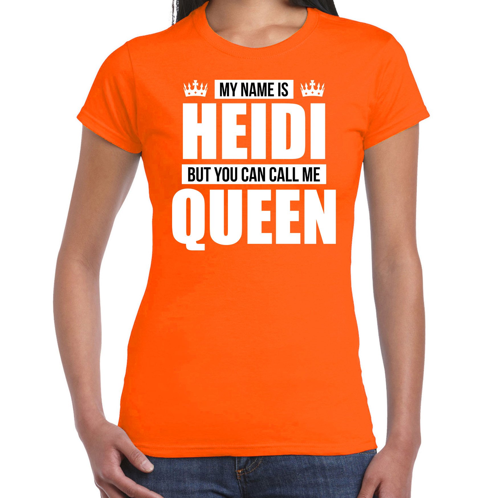 Naam cadeau t-shirt my name is Heidi but you can call me Queen oranje voor dames
