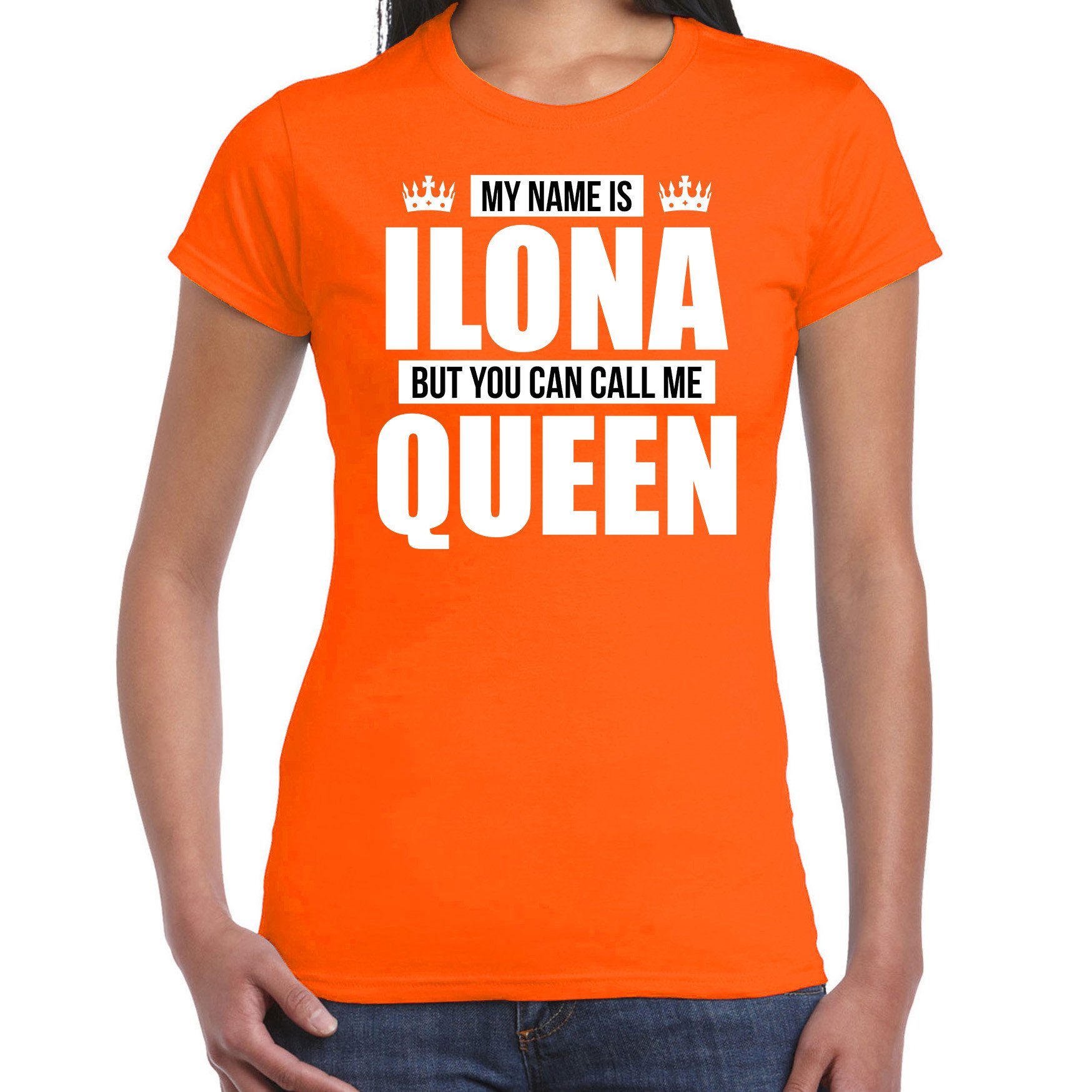 Naam cadeau t-shirt my name is Ilone but you can call me Queen oranje voor dames
