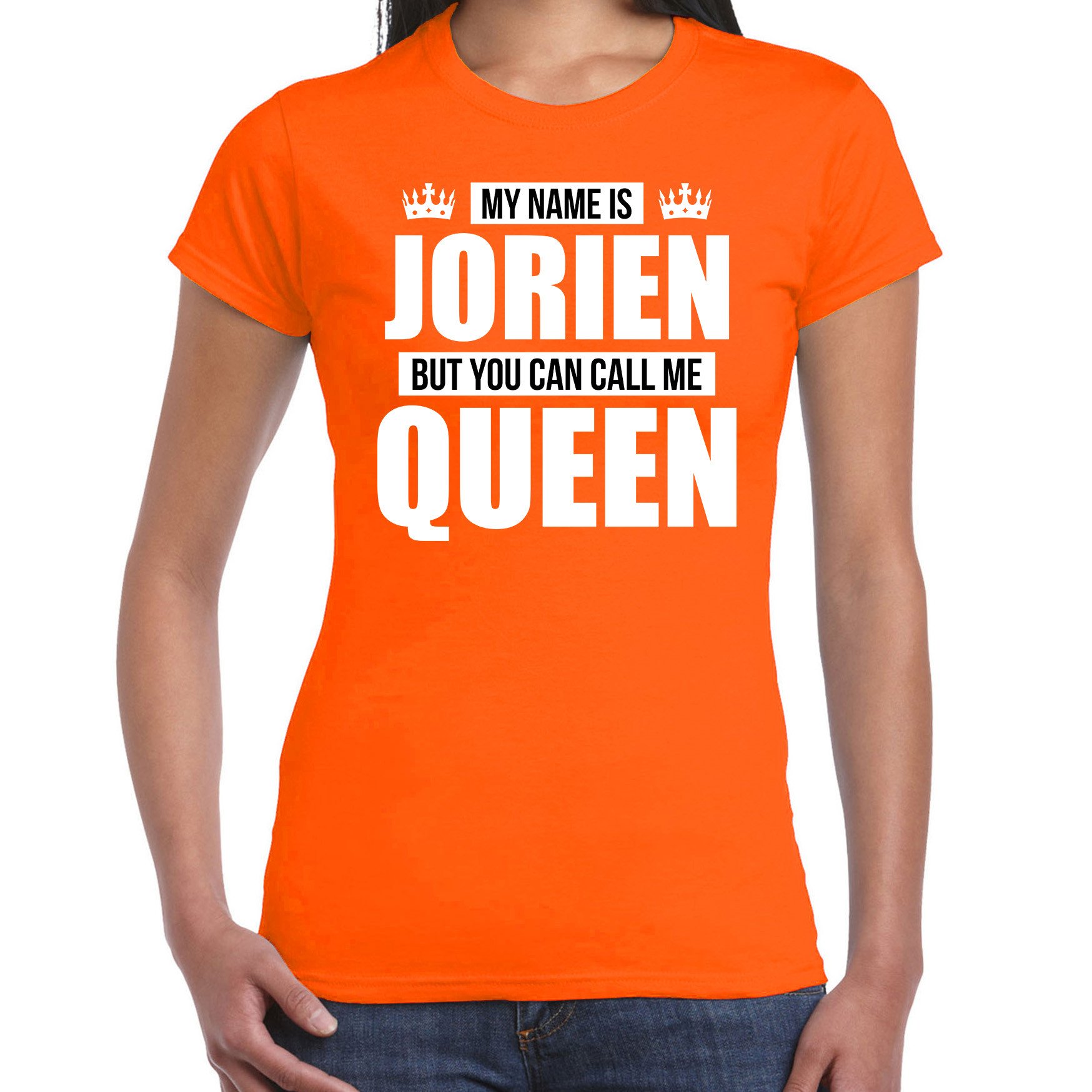 Naam cadeau t-shirt my name is Jorien but you can call me Queen oranje voor dames