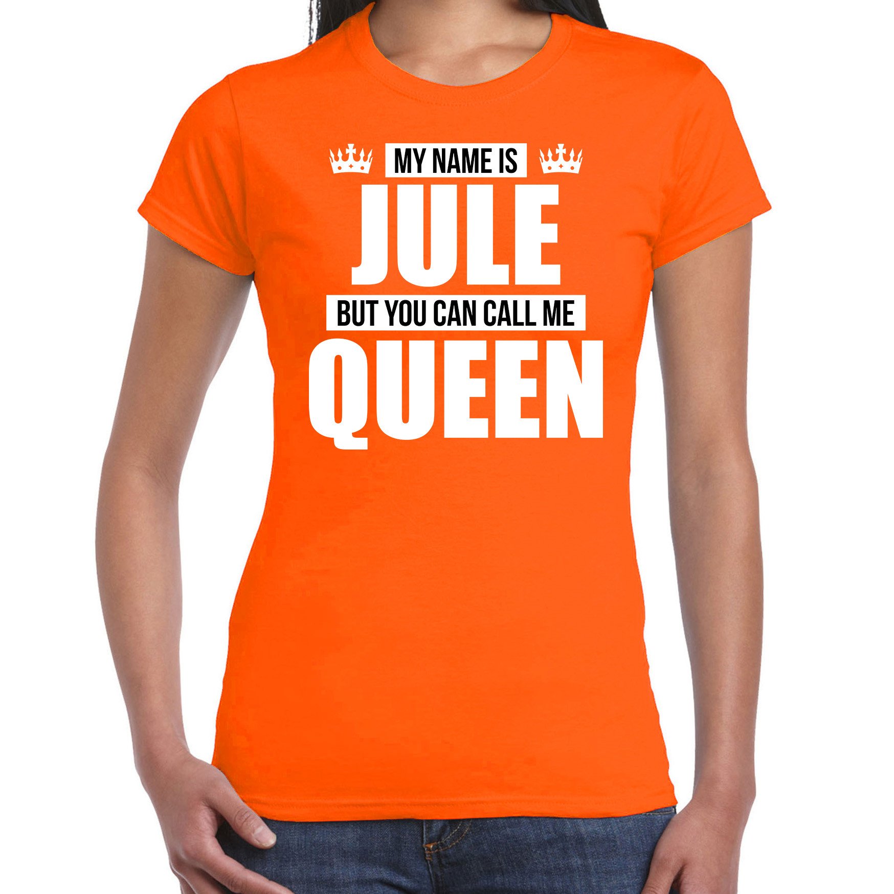 Naam cadeau t-shirt my name is Jule but you can call me Queen oranje voor dames