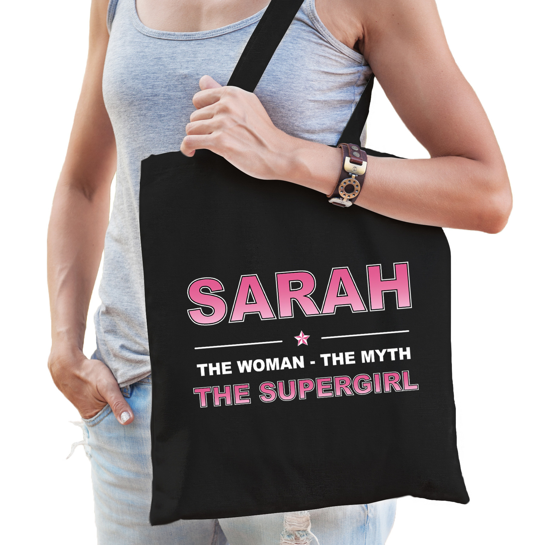 Naam cadeau tas Sarah the supergirl zwart voor dames