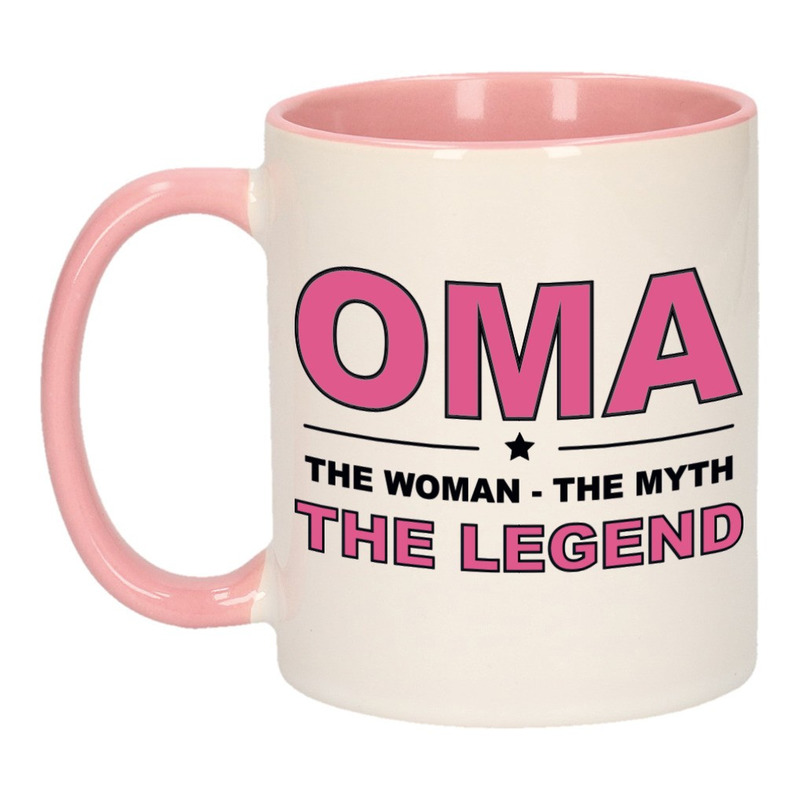 Oma the legend cadeau mok-beker wit en roze 300 ml