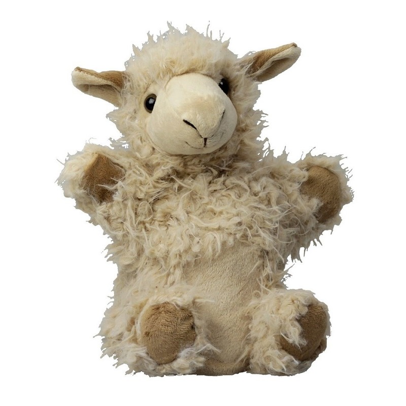 Pluche lichtbruine lama-alpaca handpop knuffel 22 cm speelgoed