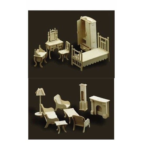 Poppenhuis meubels slaapkamer en woonkamer