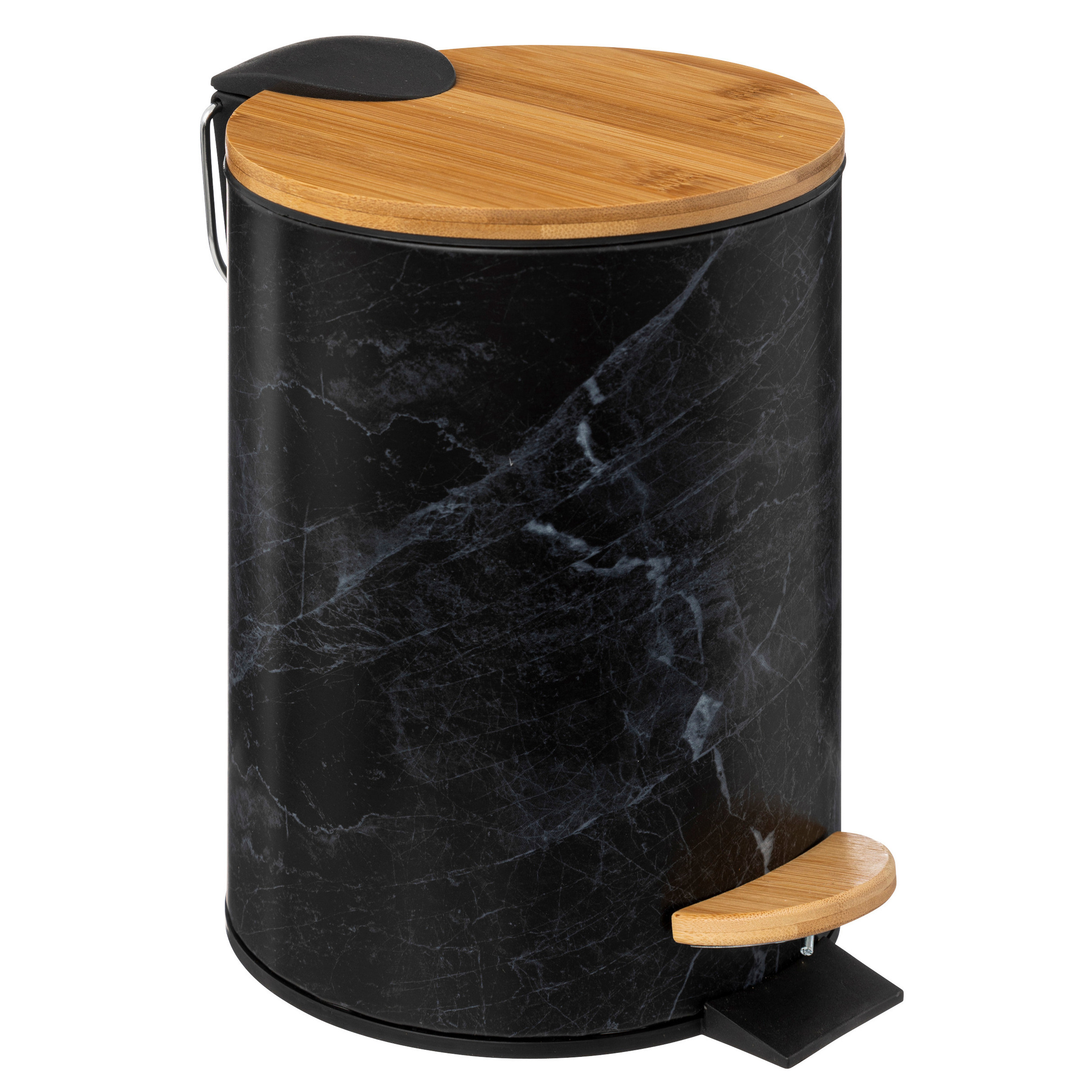 Prullenbak-pedaalemmer Marmer look zwart 3 liter metaal-bamboe 17 x 25 cm