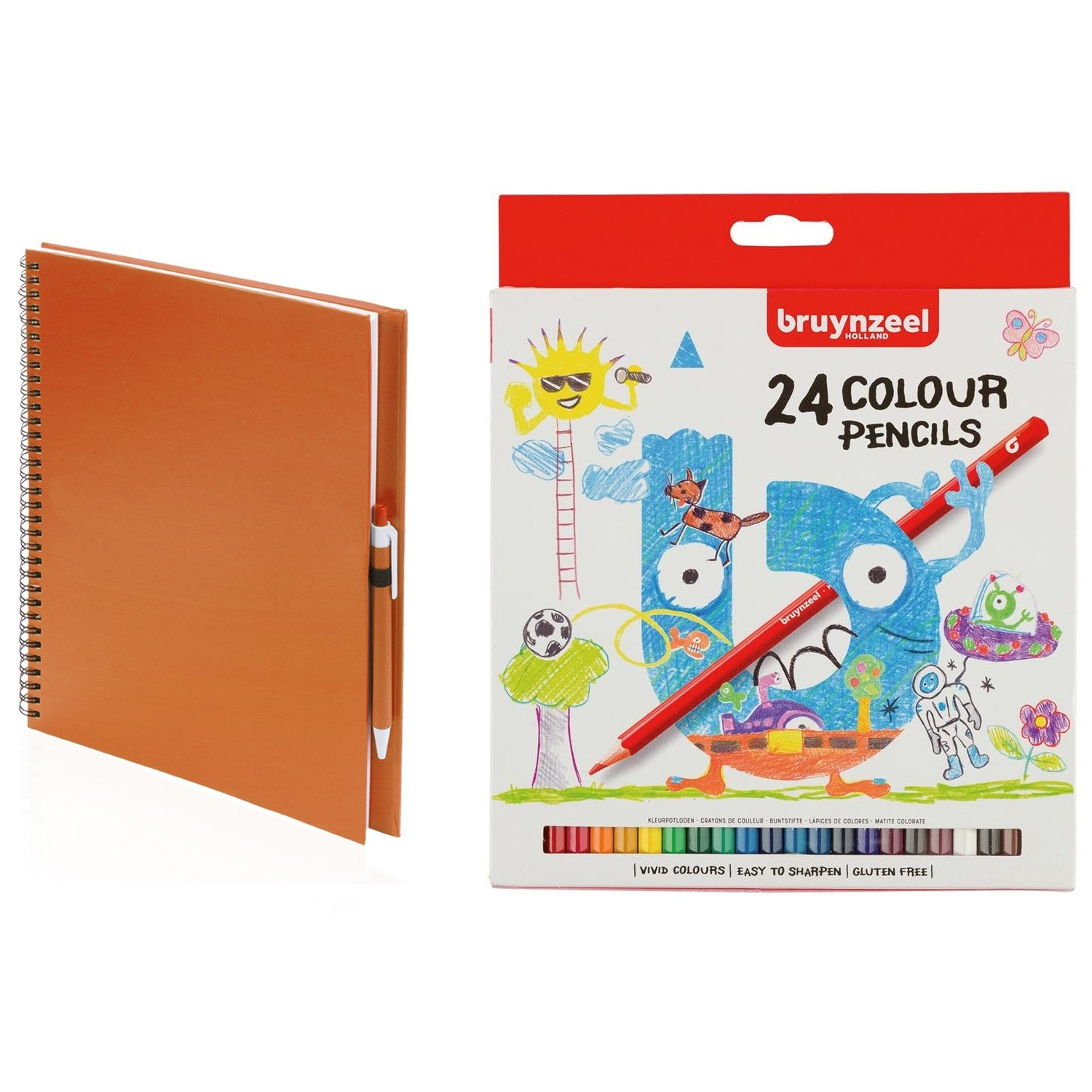 Schetsboek-tekenboek oranje met 24 kleurpotloden