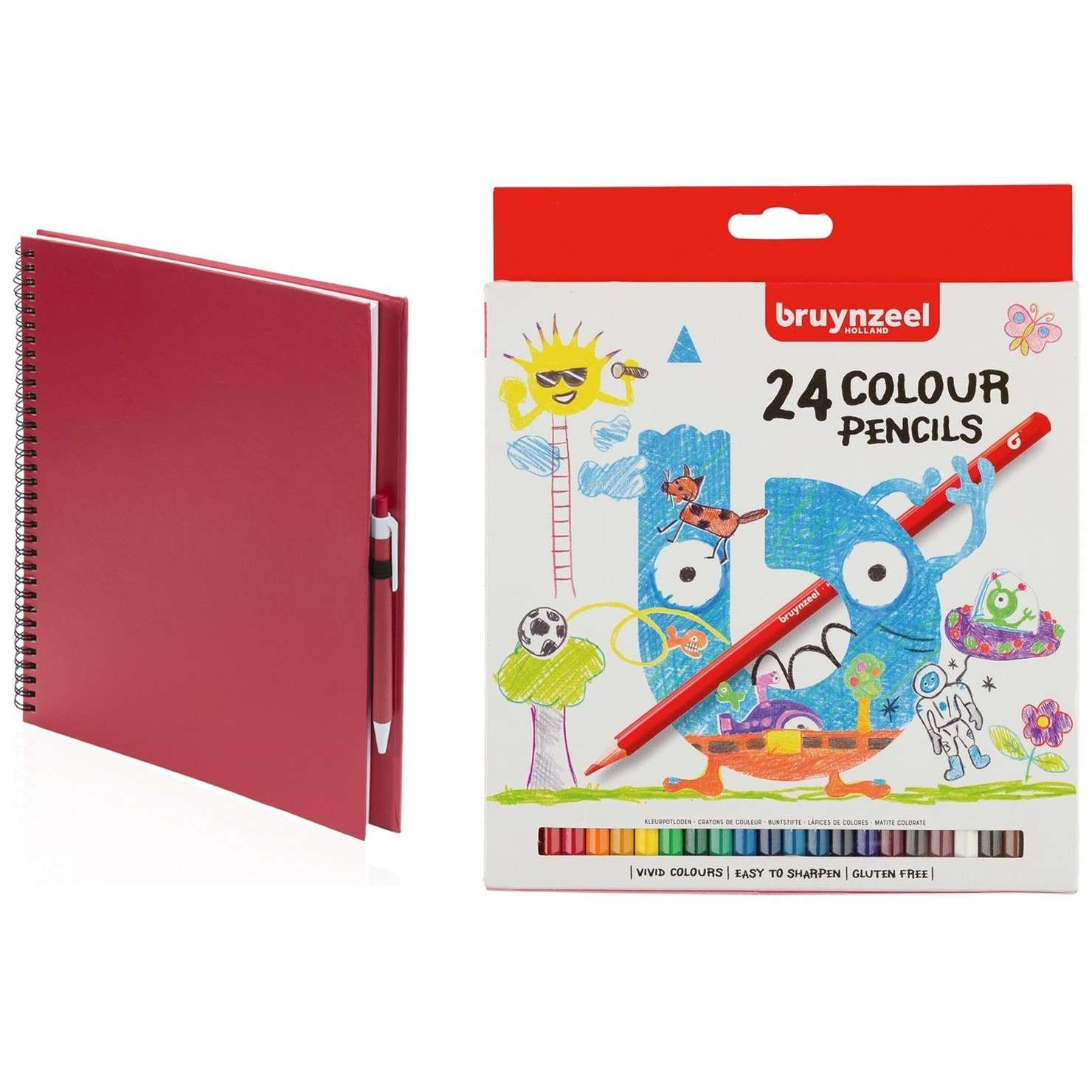 Schetsboek-tekenboek rood met 24 kleurpotloden