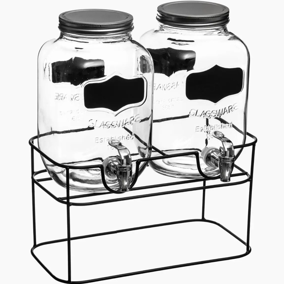 Set van 2x stuks glazen drank dispensers 4 liter in houder met kunststof kraantje en krijt sticker