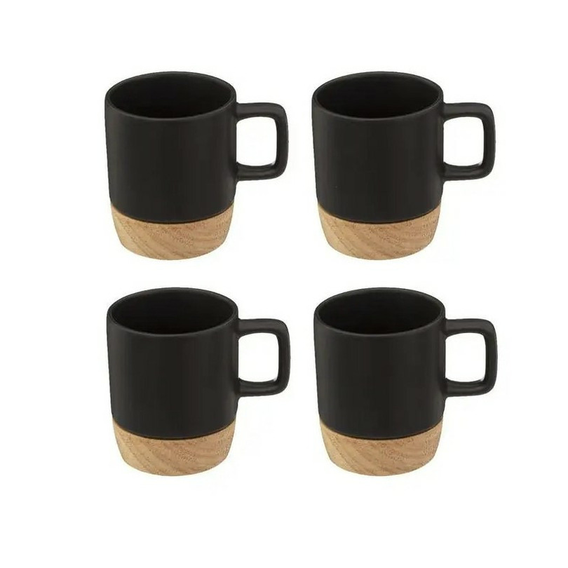Set van 4x koffiekopjes-espressokopjes aardewerk zwart 120 ml bamboe onderzetter
