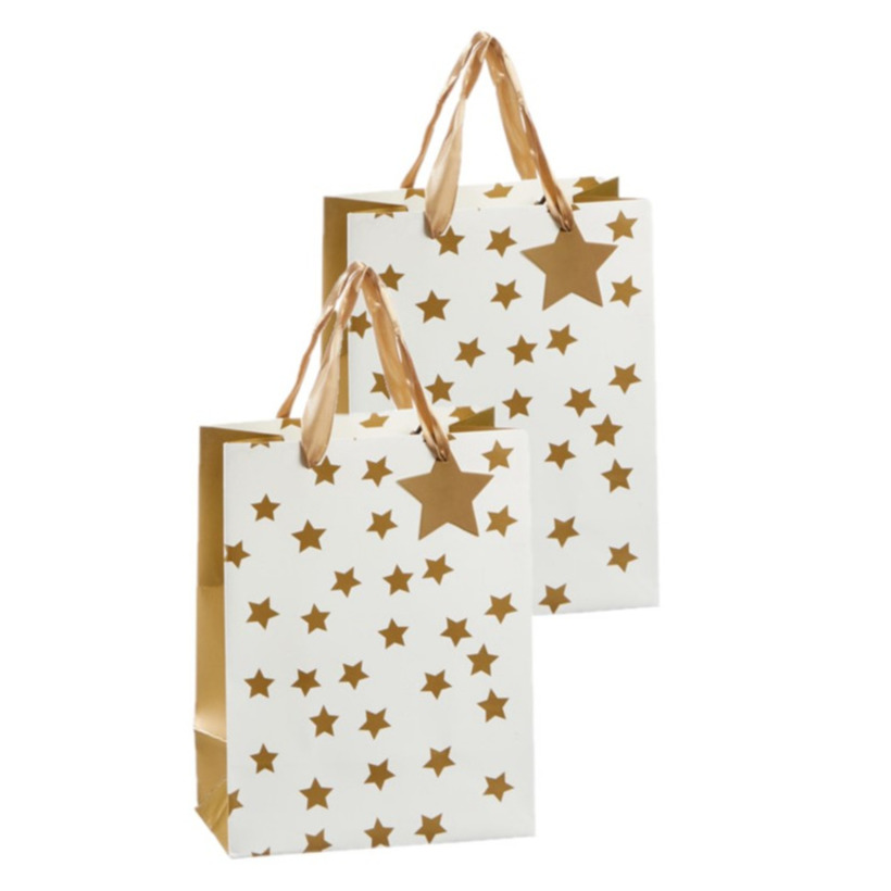 Set van 4x stuks papieren giftbags-cadeau tasjes goud met sterretjes 26 x 32 x 12 cm