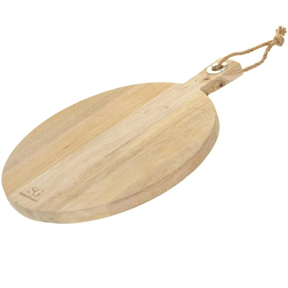 Snijplank rond met handvat 36 cm van mango hout