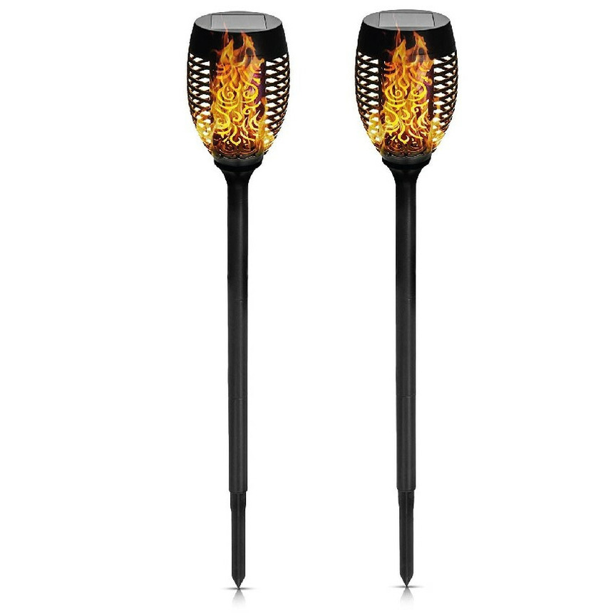 Solar tuinlamp 2x zwart LED flame effect oplaadbaar D12 x H74 cm