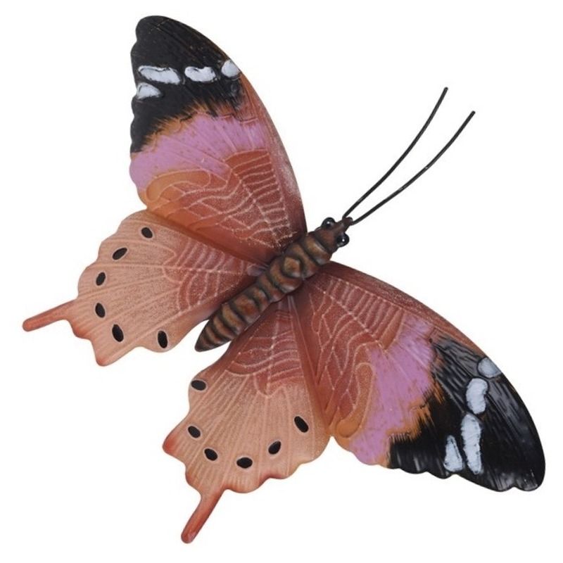 Tuin-schutting decoratie roestbruin-roze vlinder 44 cm
