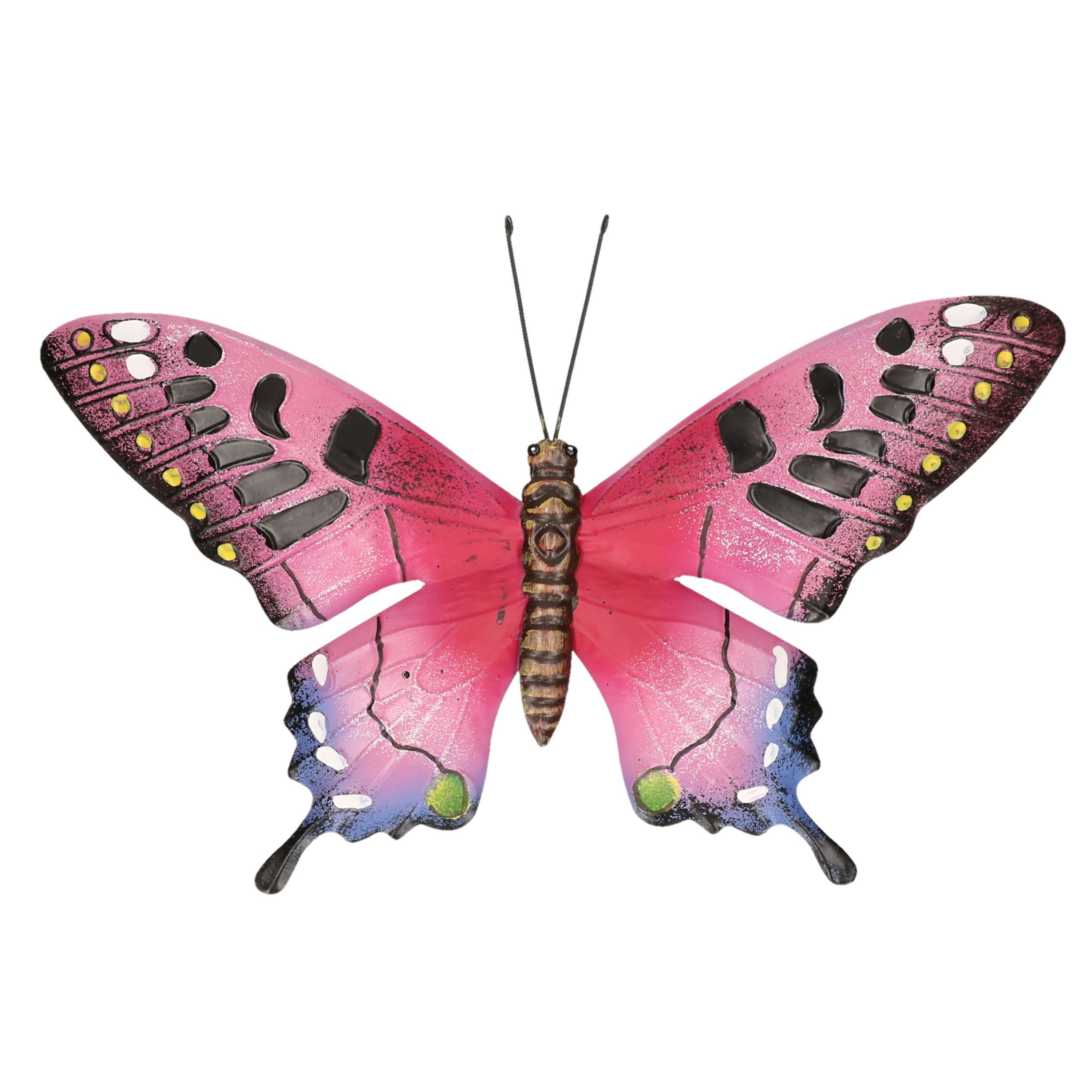 Tuindecoratie vlinder van metaal roze-zwart 37 cm